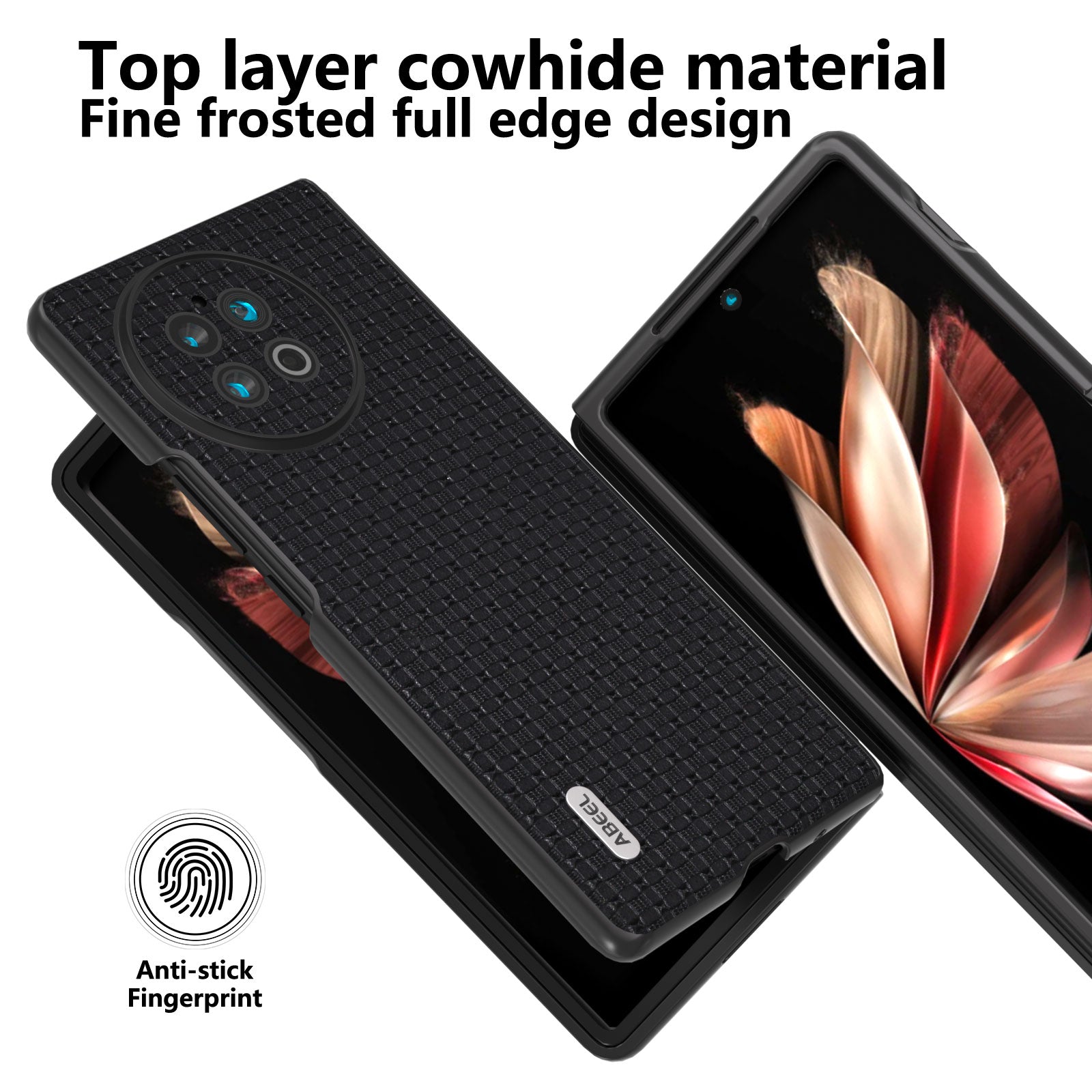 ABEEL For vivo X Fold2 Top-layer Cowhide Leather+PC Phone Cover Anti-Dust Protective Phone Case - Black