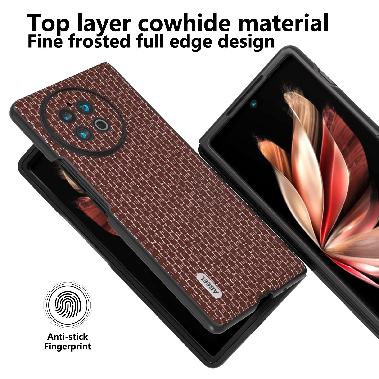 ABEEL For vivo X Fold2 Top-layer Cowhide Leather+PC Phone Cover Anti-Dust Protective Phone Case - Coffee