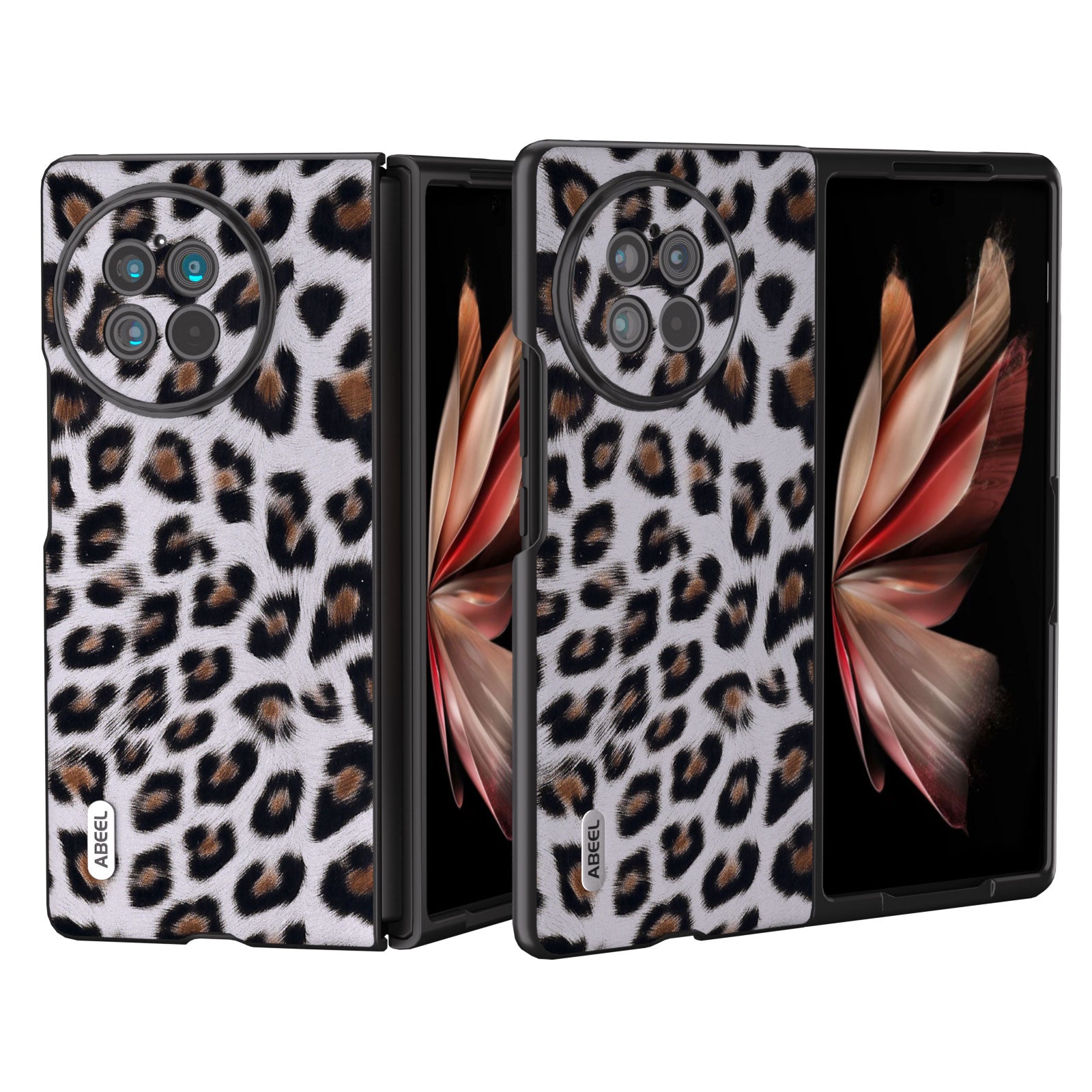 ABEEL For vivo X Fold2 Top-Layer Cowhide Leather Coated PC Back Cover Leopard Pattern Cell Phone Case - Silver