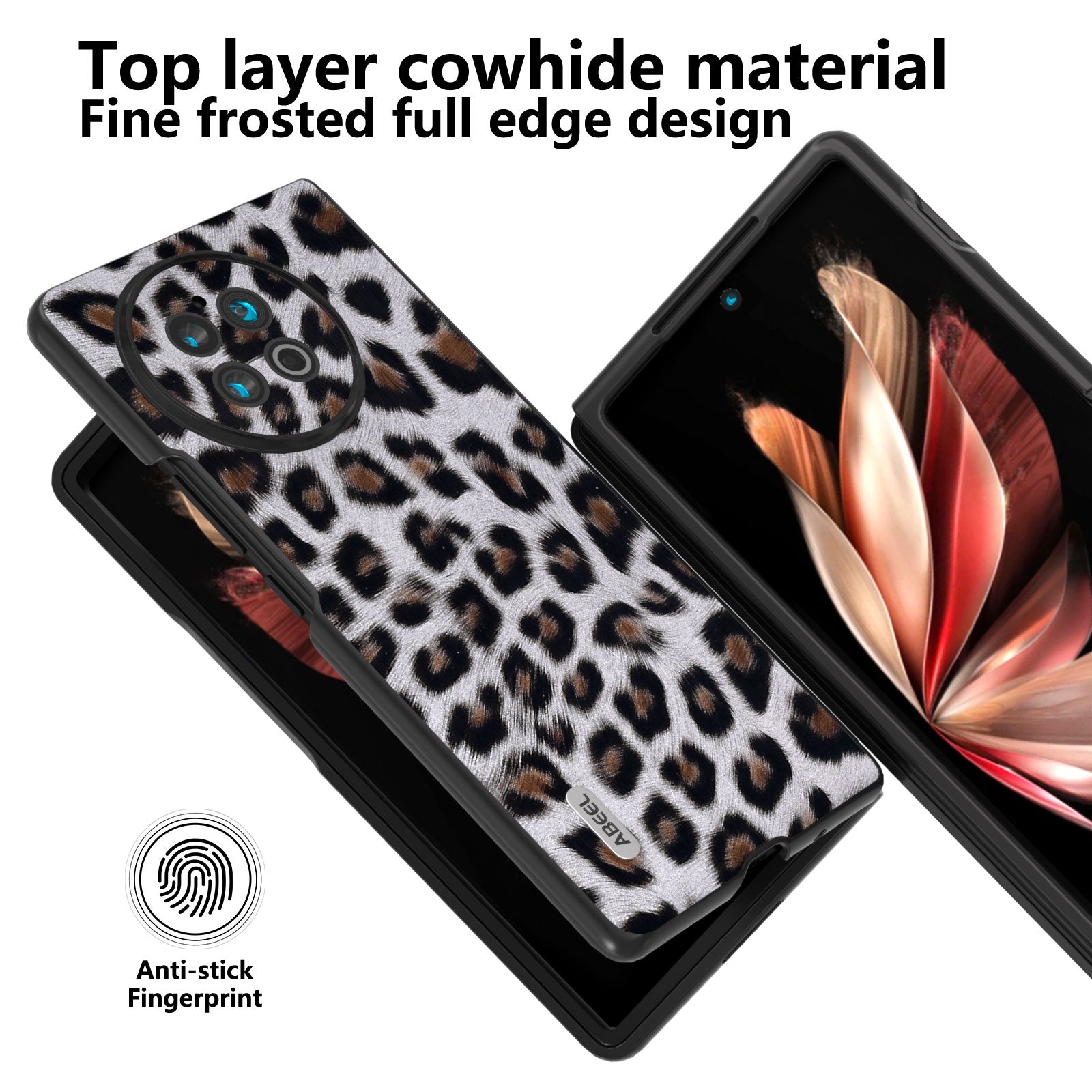 ABEEL For vivo X Fold2 Top-Layer Cowhide Leather Coated PC Back Cover Leopard Pattern Cell Phone Case - Silver