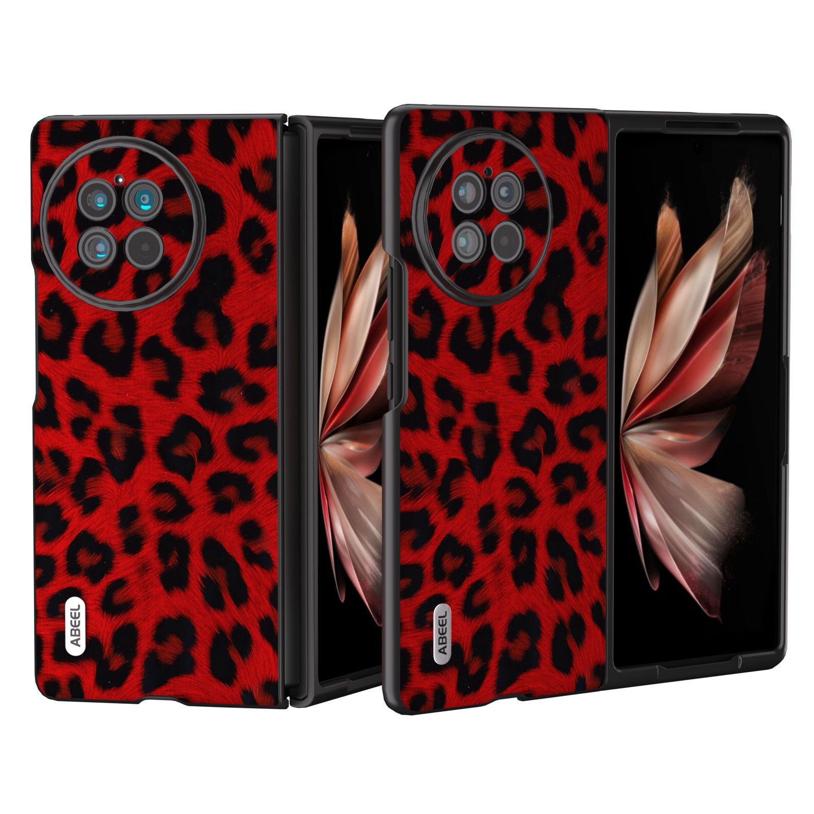 ABEEL For vivo X Fold2 Top-Layer Cowhide Leather Coated PC Back Cover Leopard Pattern Cell Phone Case - Red