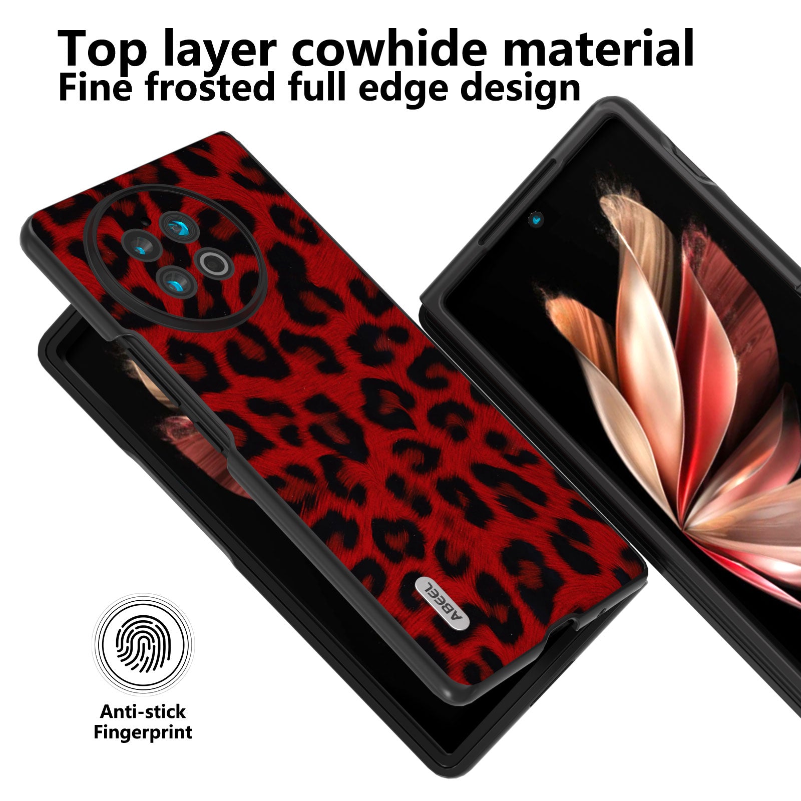 ABEEL For vivo X Fold2 Top-Layer Cowhide Leather Coated PC Back Cover Leopard Pattern Cell Phone Case - Red