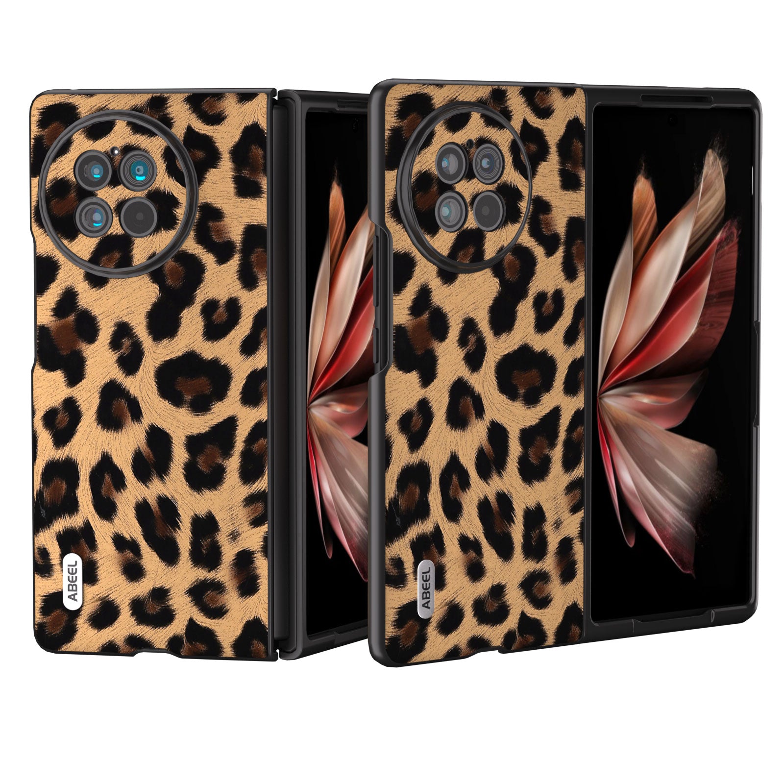 ABEEL For vivo X Fold2 Top-Layer Cowhide Leather Coated PC Back Cover Leopard Pattern Cell Phone Case - Champagne Gold