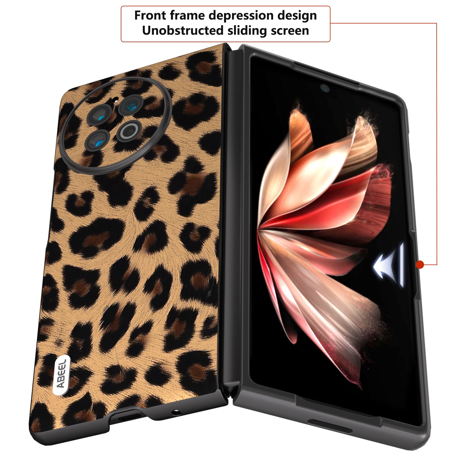 ABEEL For vivo X Fold2 Top-Layer Cowhide Leather Coated PC Back Cover Leopard Pattern Cell Phone Case - Champagne Gold