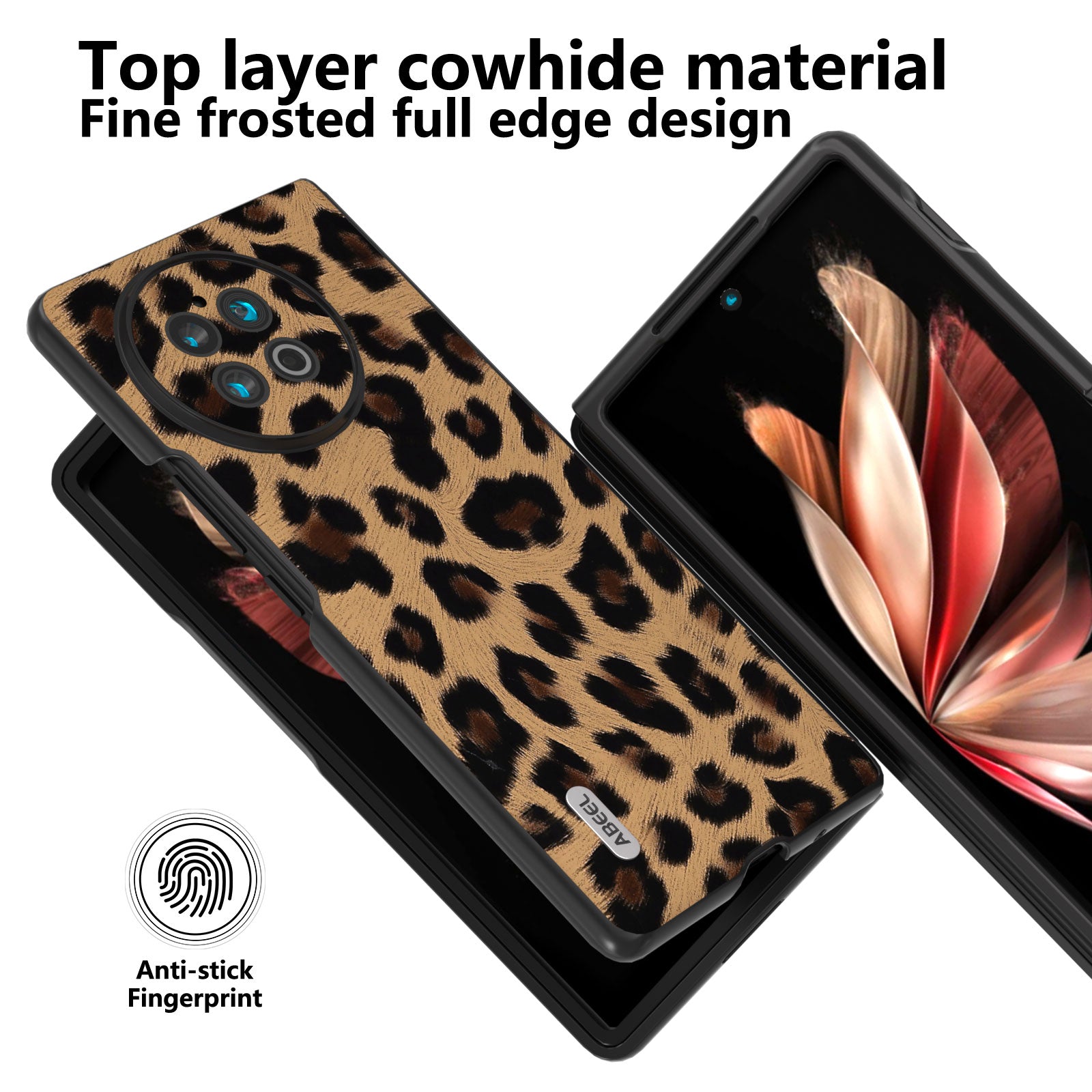 ABEEL For vivo X Fold2 Top-Layer Cowhide Leather Coated PC Back Cover Leopard Pattern Cell Phone Case - Champagne Gold