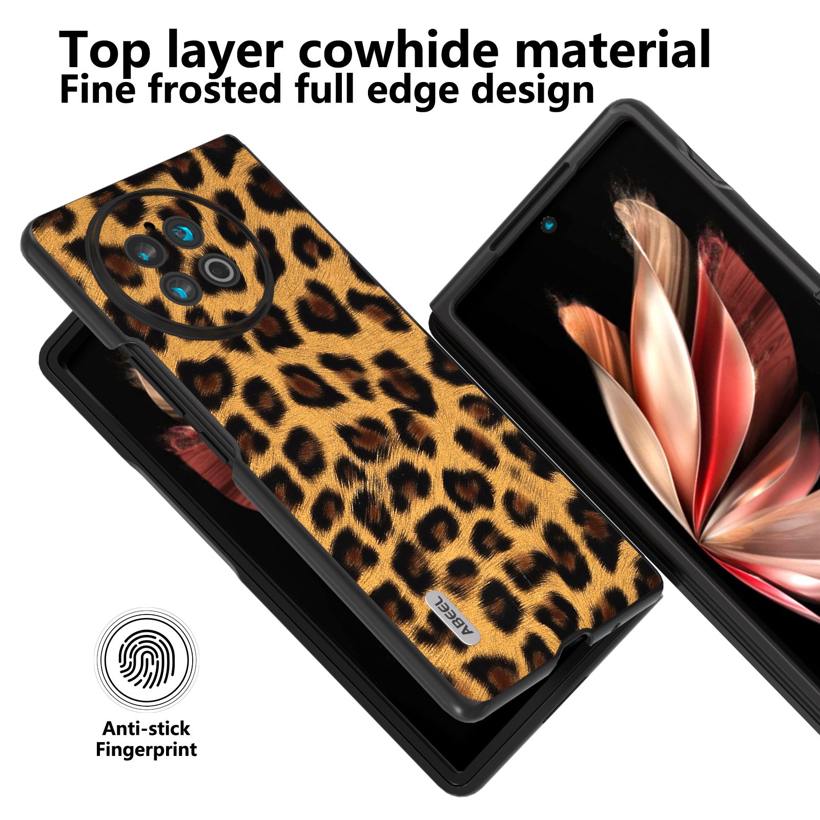 ABEEL For vivo X Fold2 Top-Layer Cowhide Leather Coated PC Back Cover Leopard Pattern Cell Phone Case - Gold