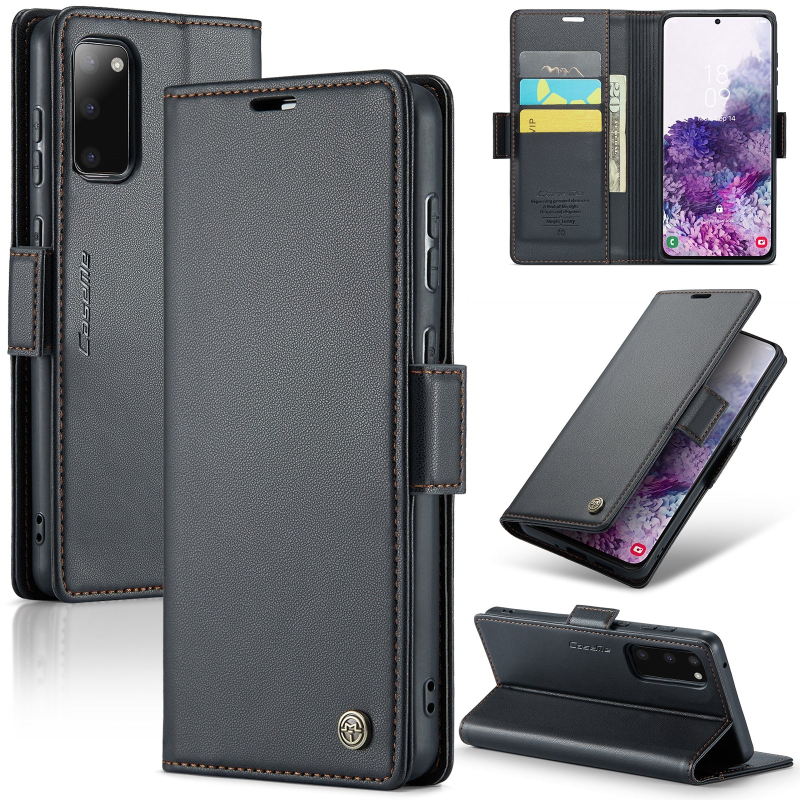 CASEME 023 Series For Samsung Galaxy S20 4G / 5G PU Leather Case RFID Blocking Litchi Texture Stand Wallet Phone Cover - Black