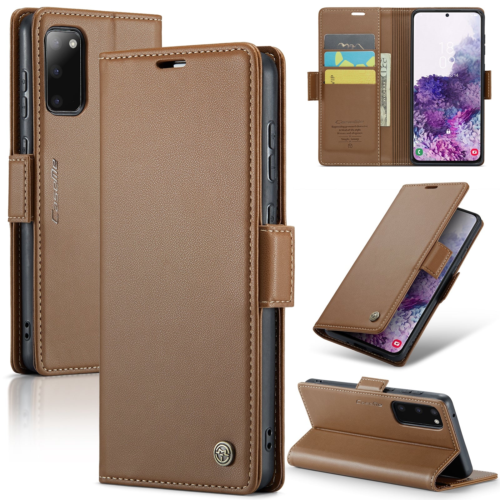 CASEME 023 Series For Samsung Galaxy S20 4G / 5G PU Leather Case RFID Blocking Litchi Texture Stand Wallet Phone Cover - Brown