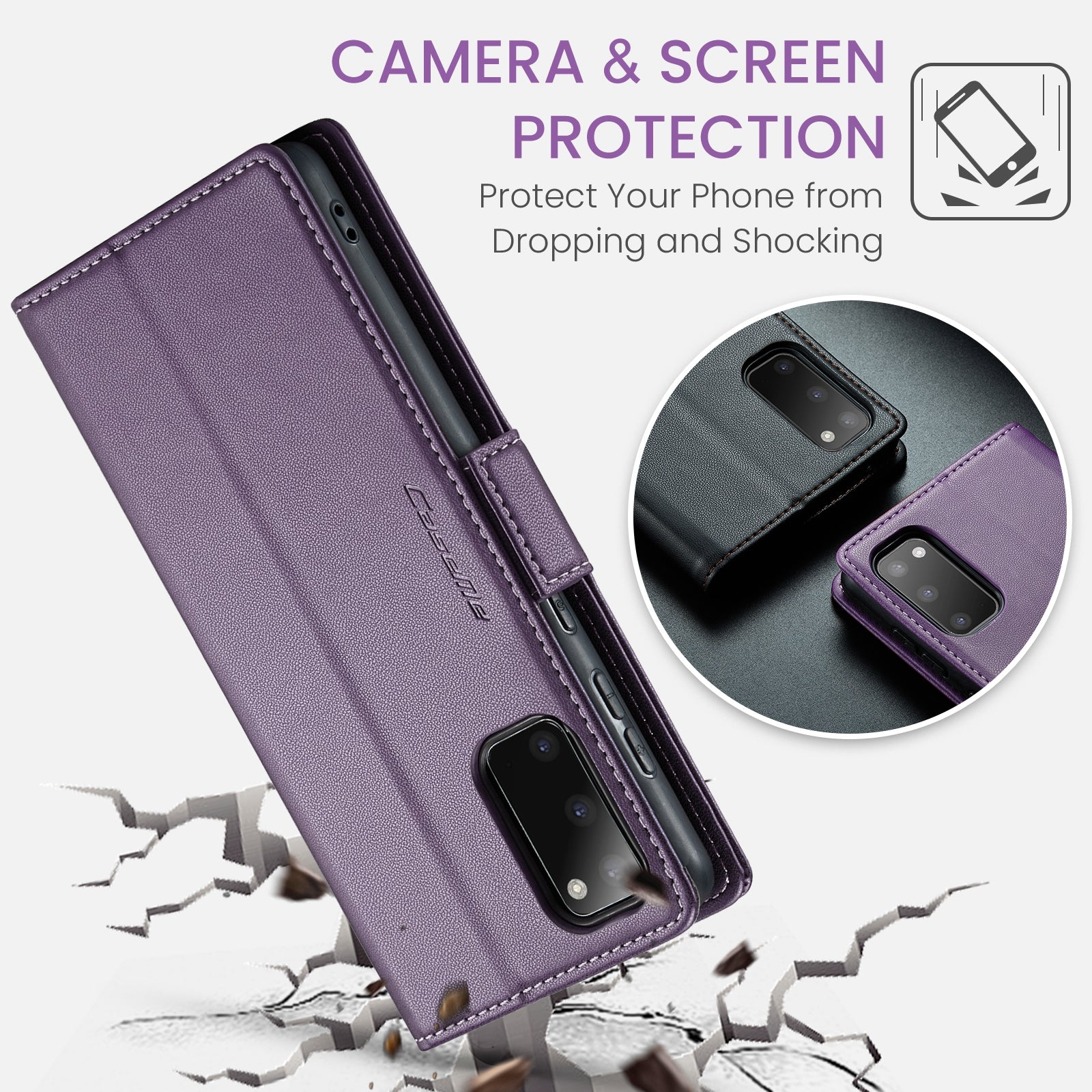 CASEME 023 Series For Samsung Galaxy S20 4G / 5G PU Leather Case RFID Blocking Litchi Texture Stand Wallet Phone Cover - Purple