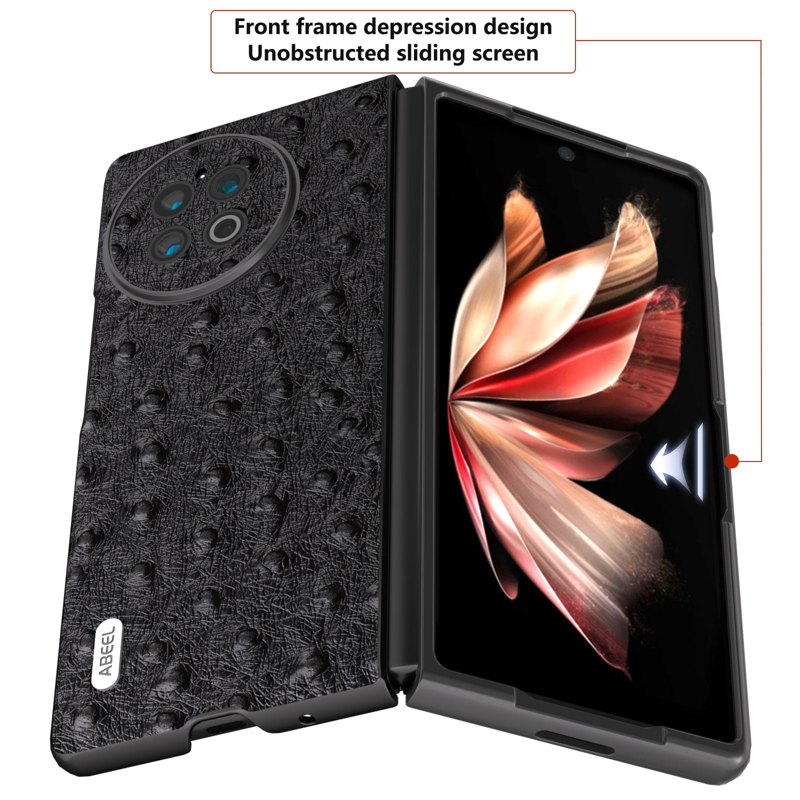 ABEEL Shockproof Case for vivo X Fold2 Ostrich Texture Genuine Cow Leather PC Phone Case - Black