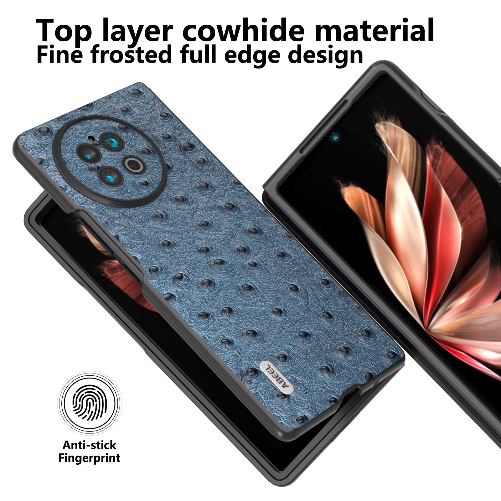 ABEEL Shockproof Case for vivo X Fold2 Ostrich Texture Genuine Cow Leather PC Phone Case - Blue