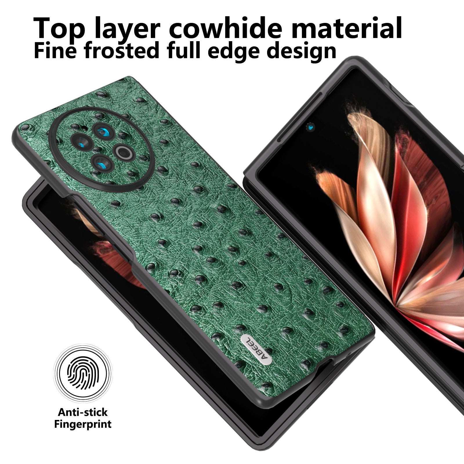 ABEEL Shockproof Case for vivo X Fold2 Ostrich Texture Genuine Cow Leather PC Phone Case - Green