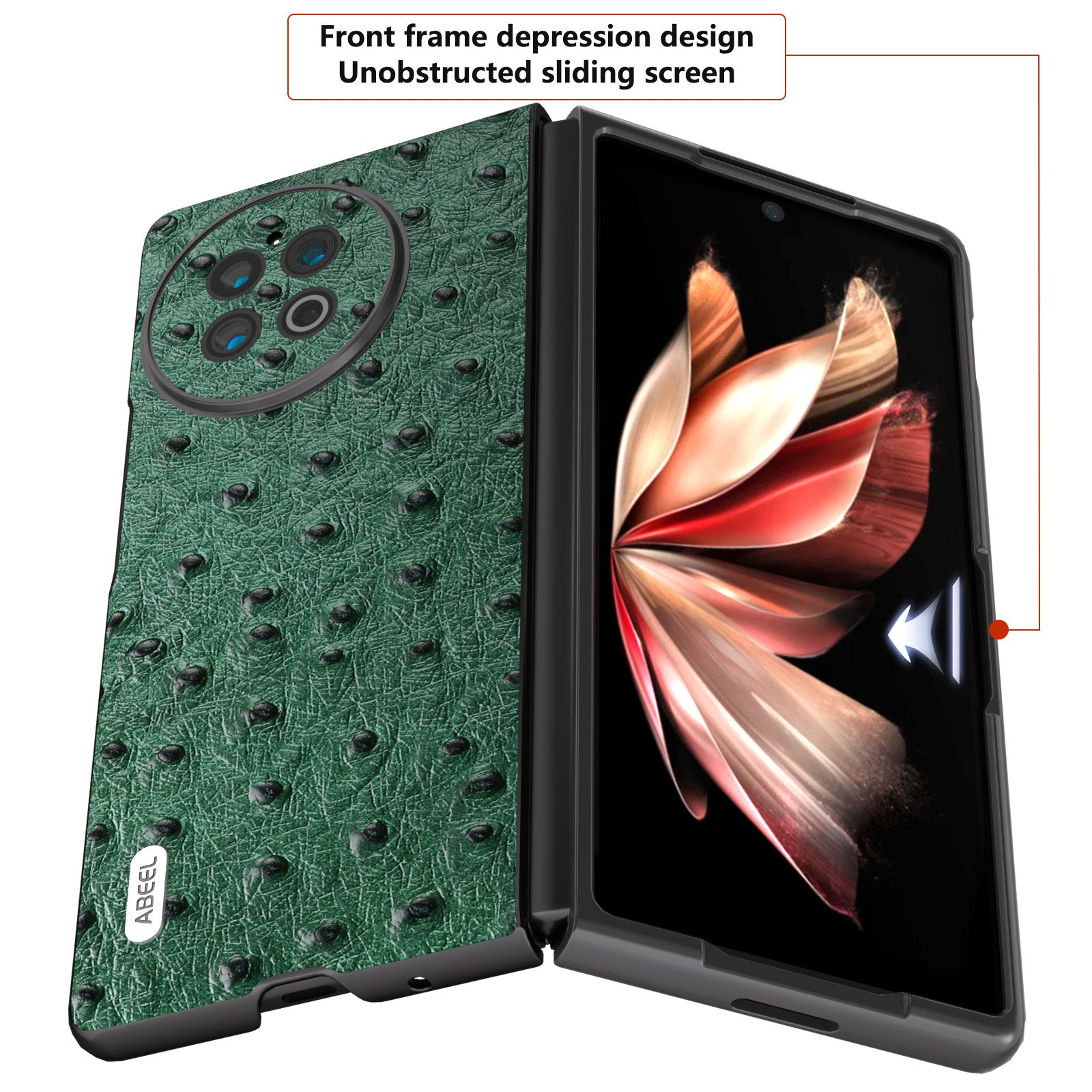 ABEEL Shockproof Case for vivo X Fold2 Ostrich Texture Genuine Cow Leather PC Phone Case - Green