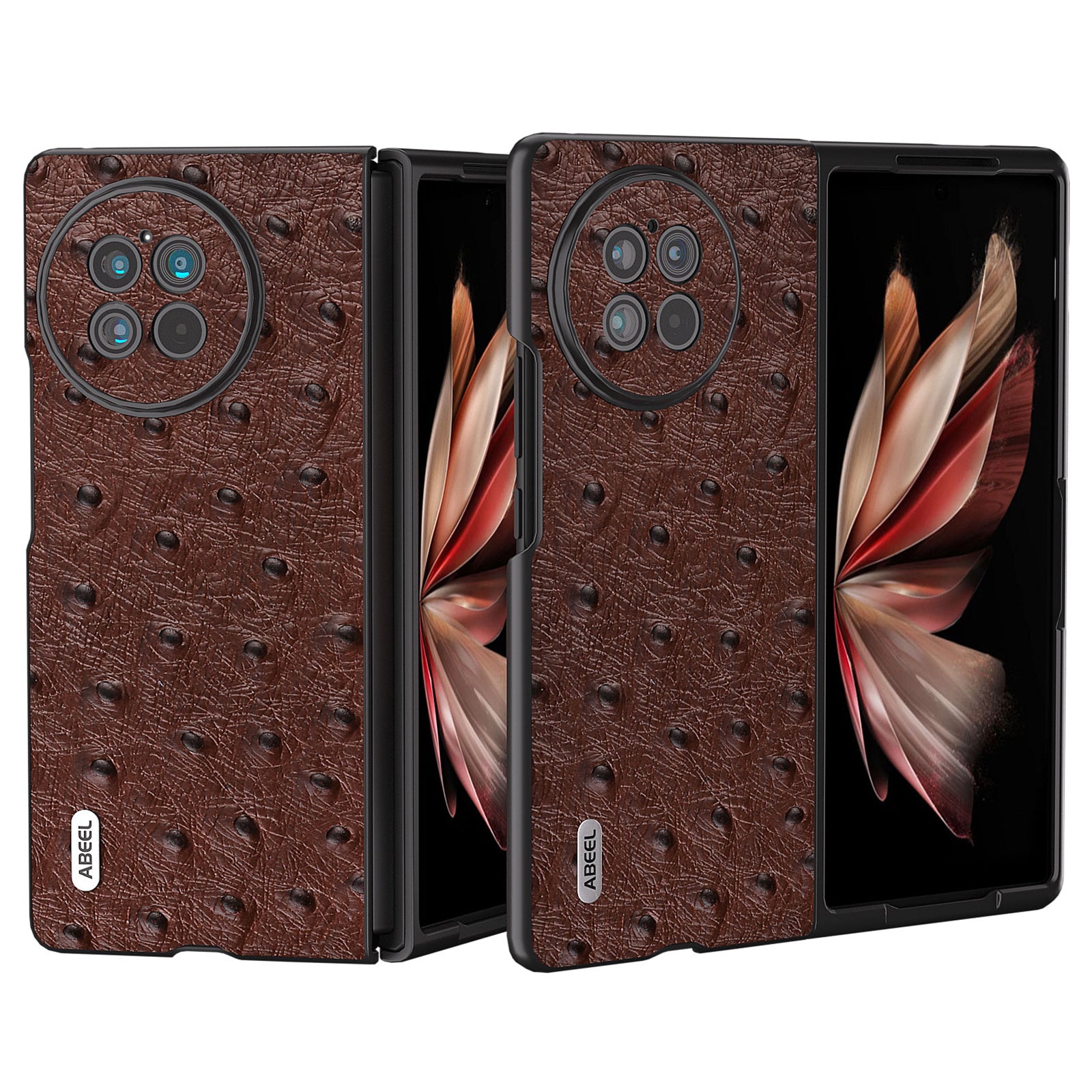 ABEEL Shockproof Case for vivo X Fold2 Ostrich Texture Genuine Cow Leather PC Phone Case - Brown