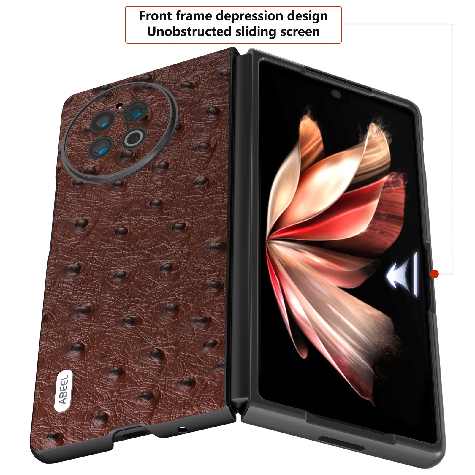 ABEEL Shockproof Case for vivo X Fold2 Ostrich Texture Genuine Cow Leather PC Phone Case - Brown