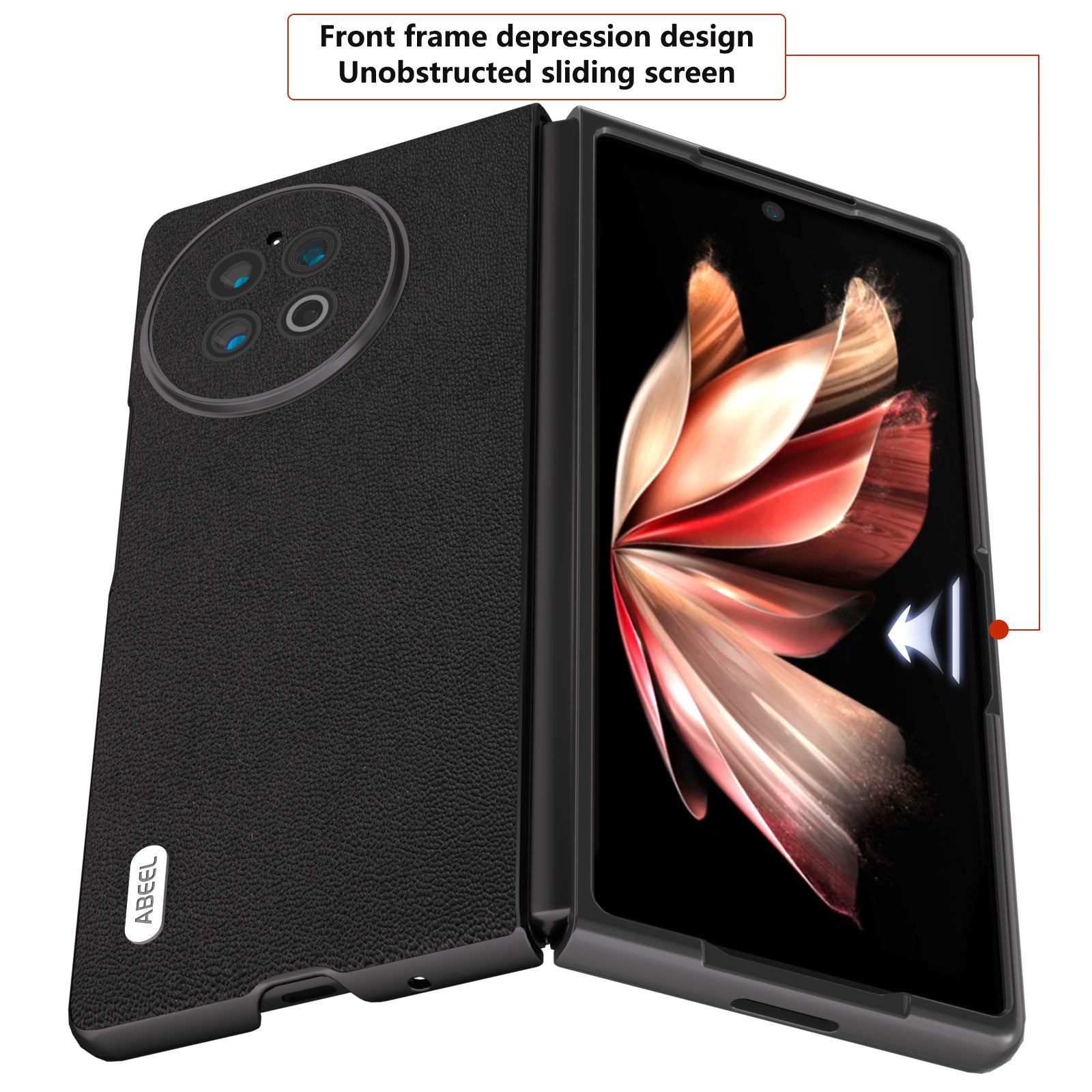ABEEL Genuine Cow Leather PC Phone Case for vivo X Fold2 Shockproof Case Folding Anti-Drop Phone Shell - Black
