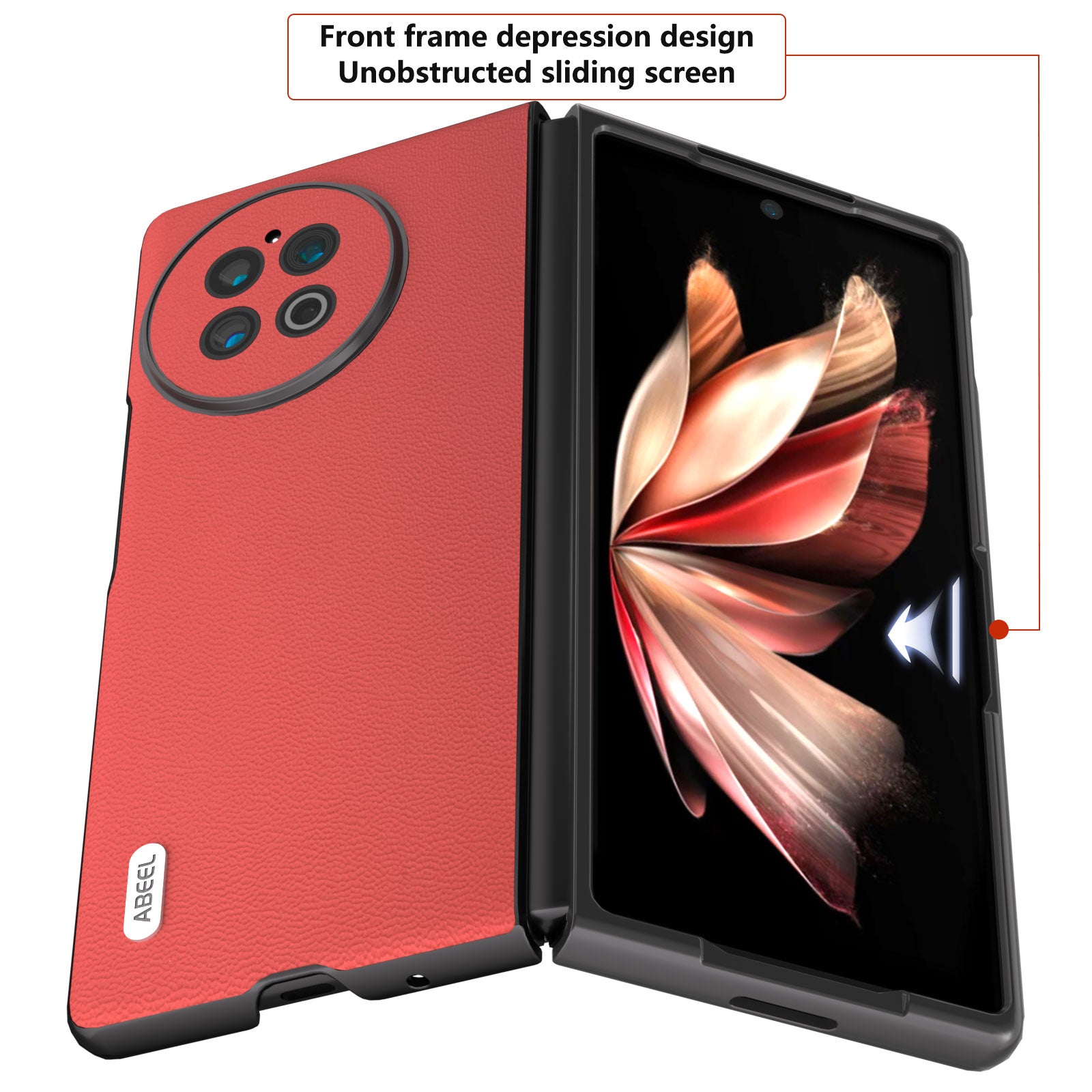 ABEEL Genuine Cow Leather PC Phone Case for vivo X Fold2 Shockproof Case Folding Anti-Drop Phone Shell - Red