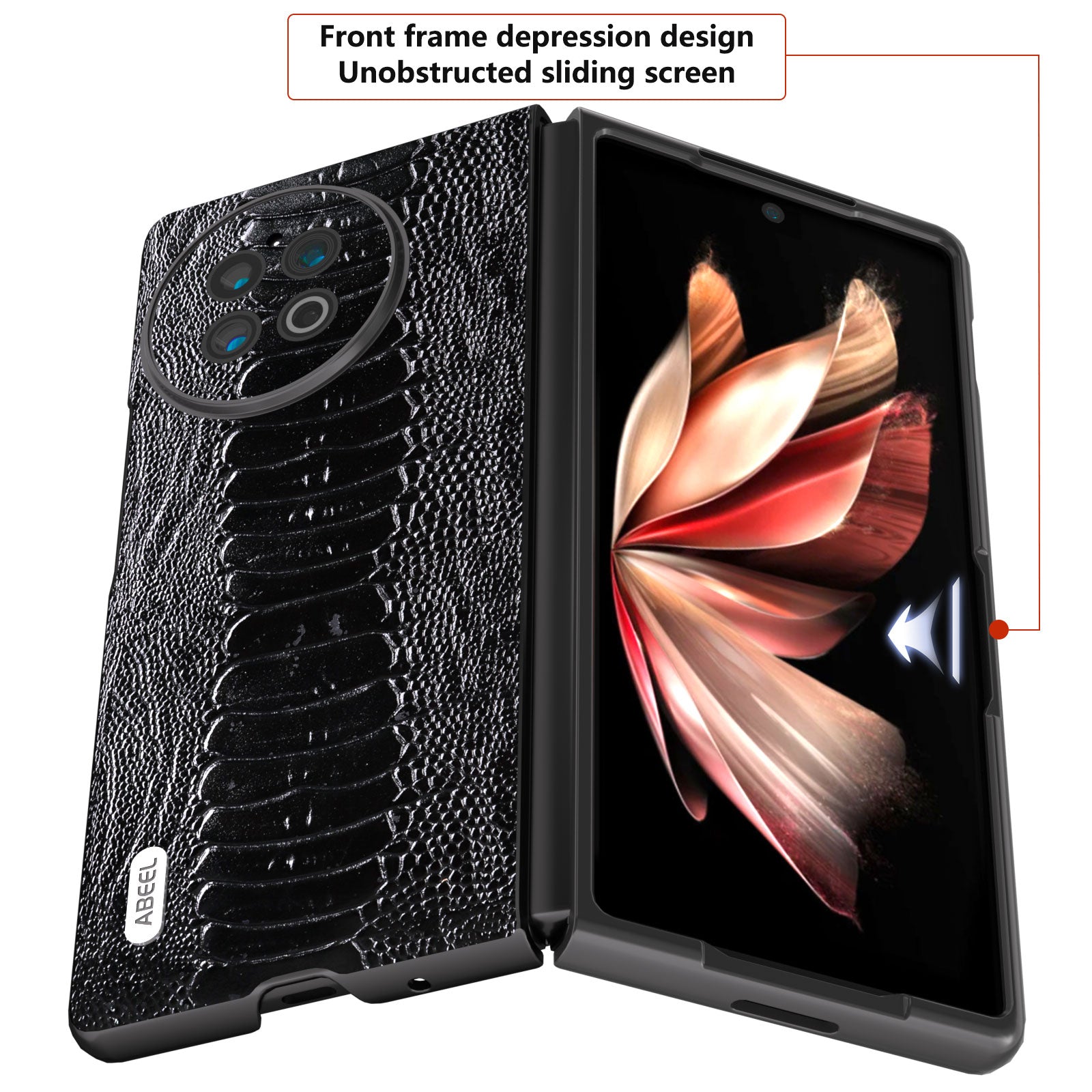 ABEEL For vivo X Fold2 Folding Phone Case Genuine Cow Leather Coated PC+TPU Protective Cover - Black