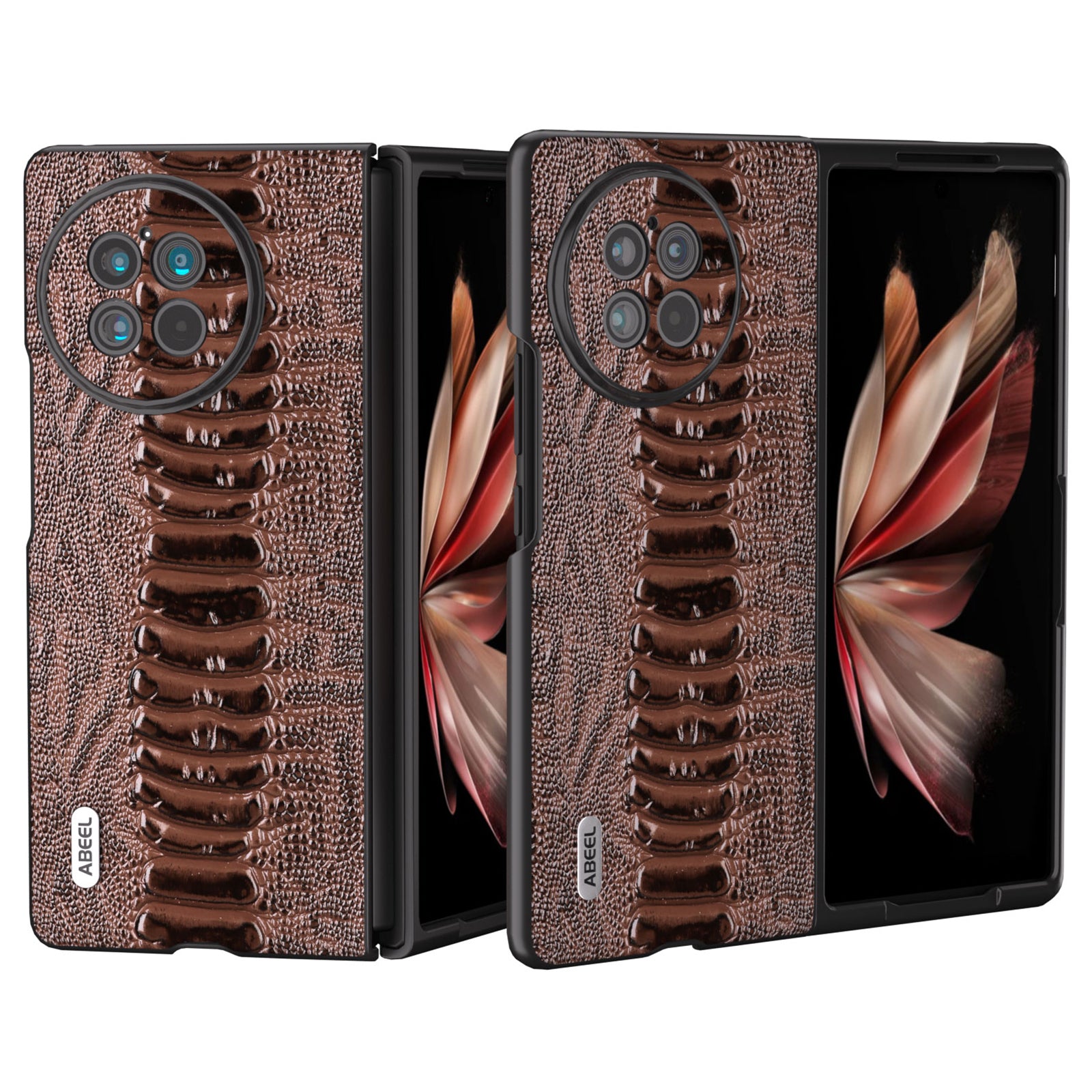 ABEEL For vivo X Fold2 Folding Phone Case Genuine Cow Leather Coated PC+TPU Protective Cover - Brown