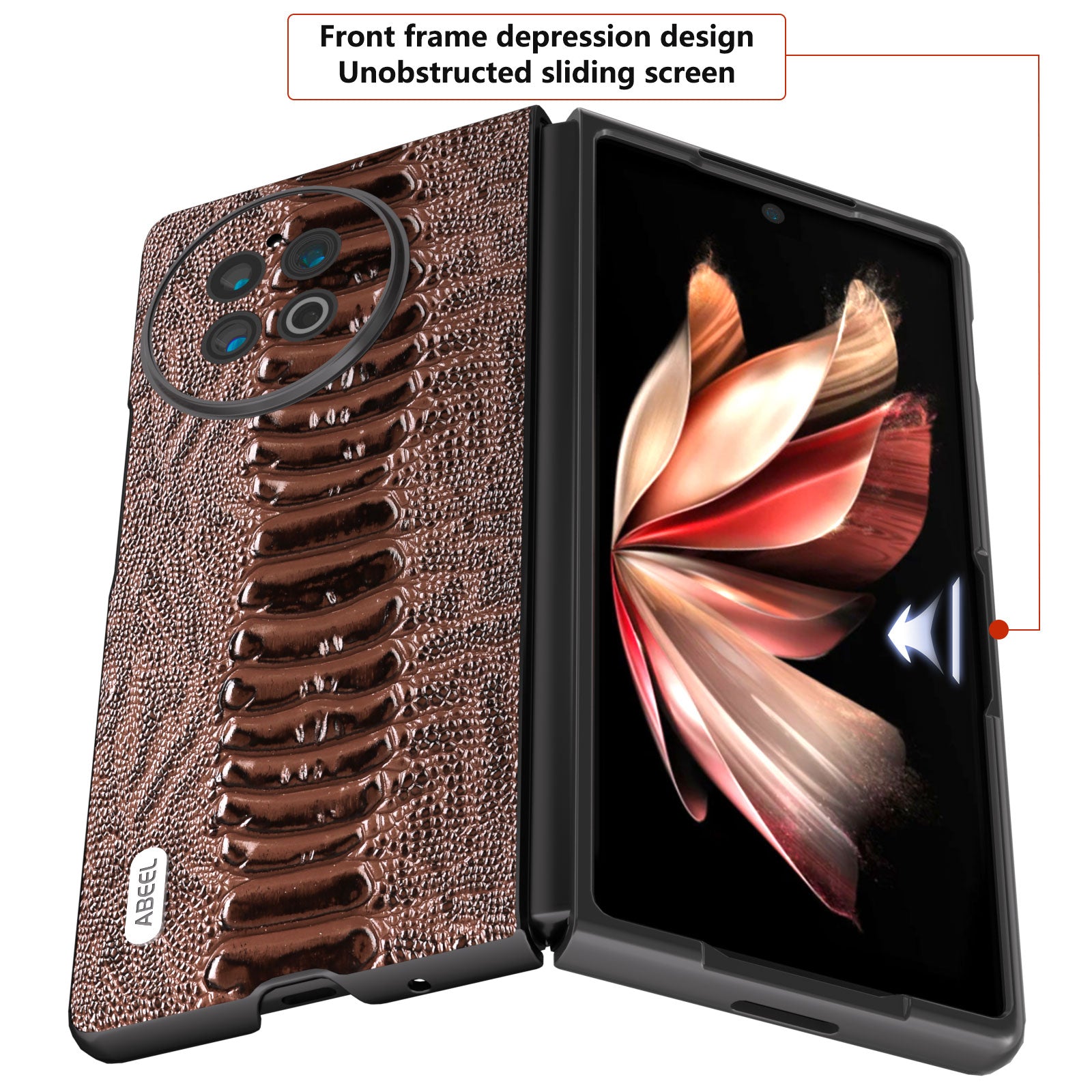 ABEEL For vivo X Fold2 Folding Phone Case Genuine Cow Leather Coated PC+TPU Protective Cover - Brown