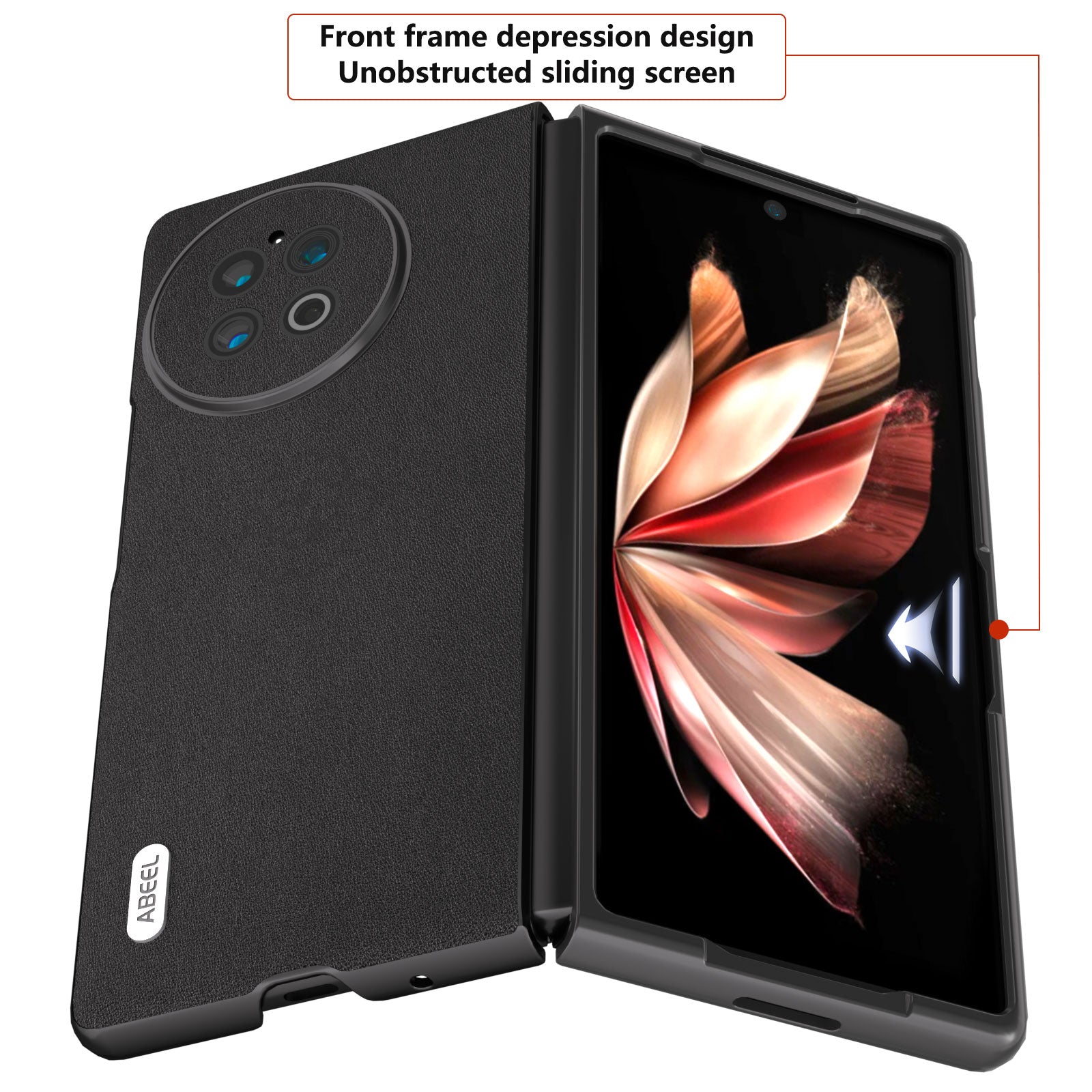 ABEEL Phone Case for vivo X Fold2 Genuine Cow Leather PC Case Folding Anti-Drop Phone Shell - Black