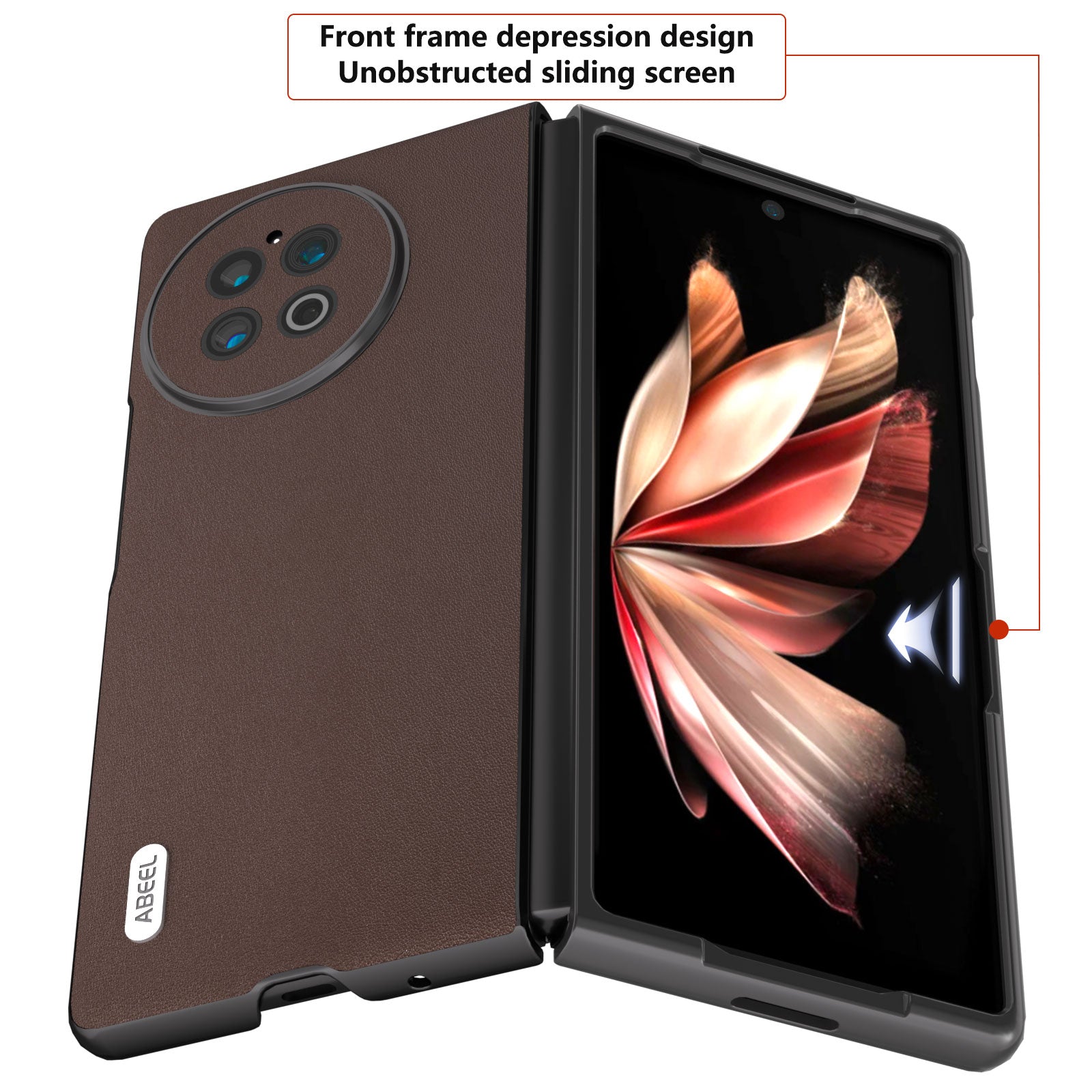ABEEL Phone Case for vivo X Fold2 Genuine Cow Leather PC Case Folding Anti-Drop Phone Shell - Coffee