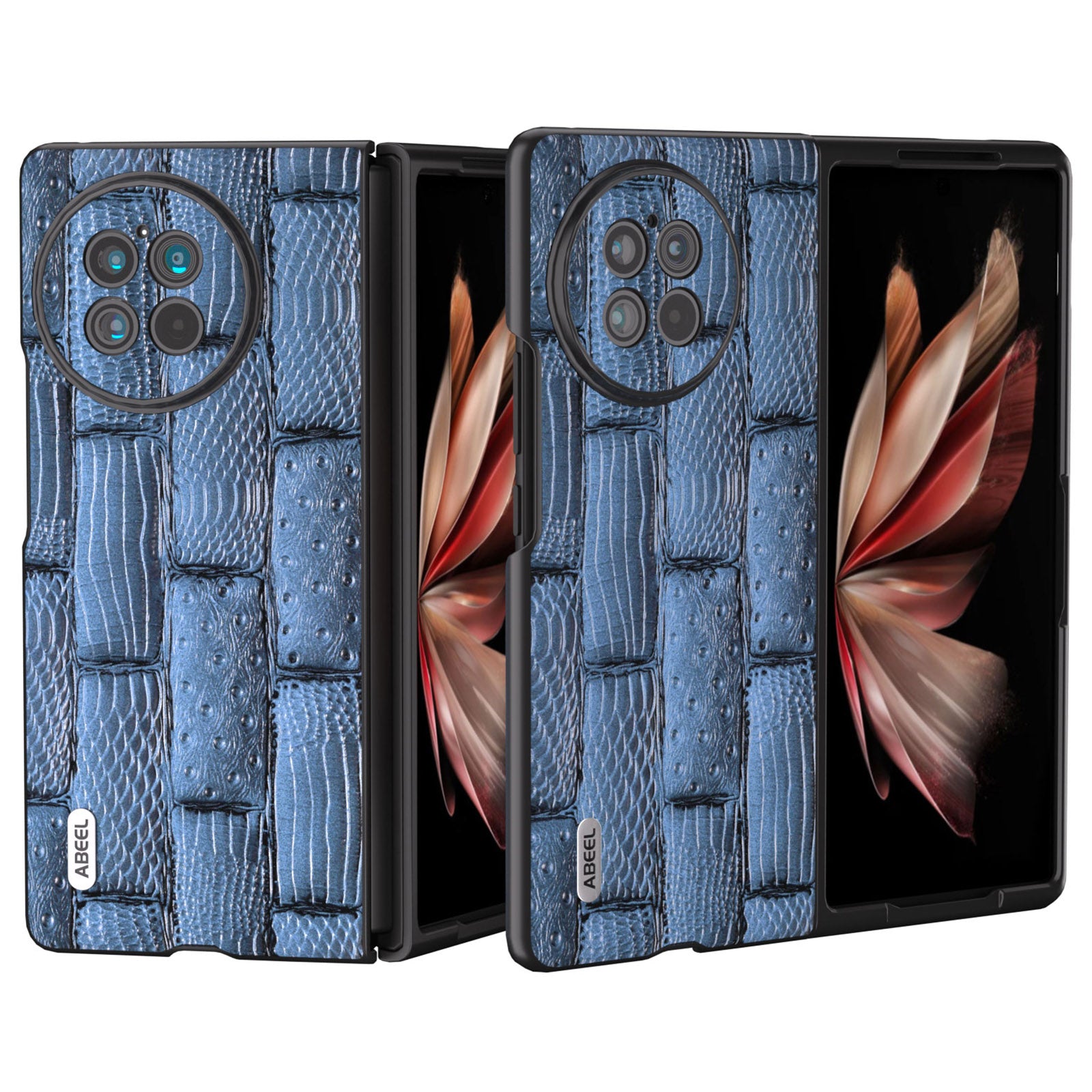 ABEEL For vivo X Fold2 Mahjong Texture Black Edge Case Genuine Cow Leather Coated PC Phone Cover - Blue