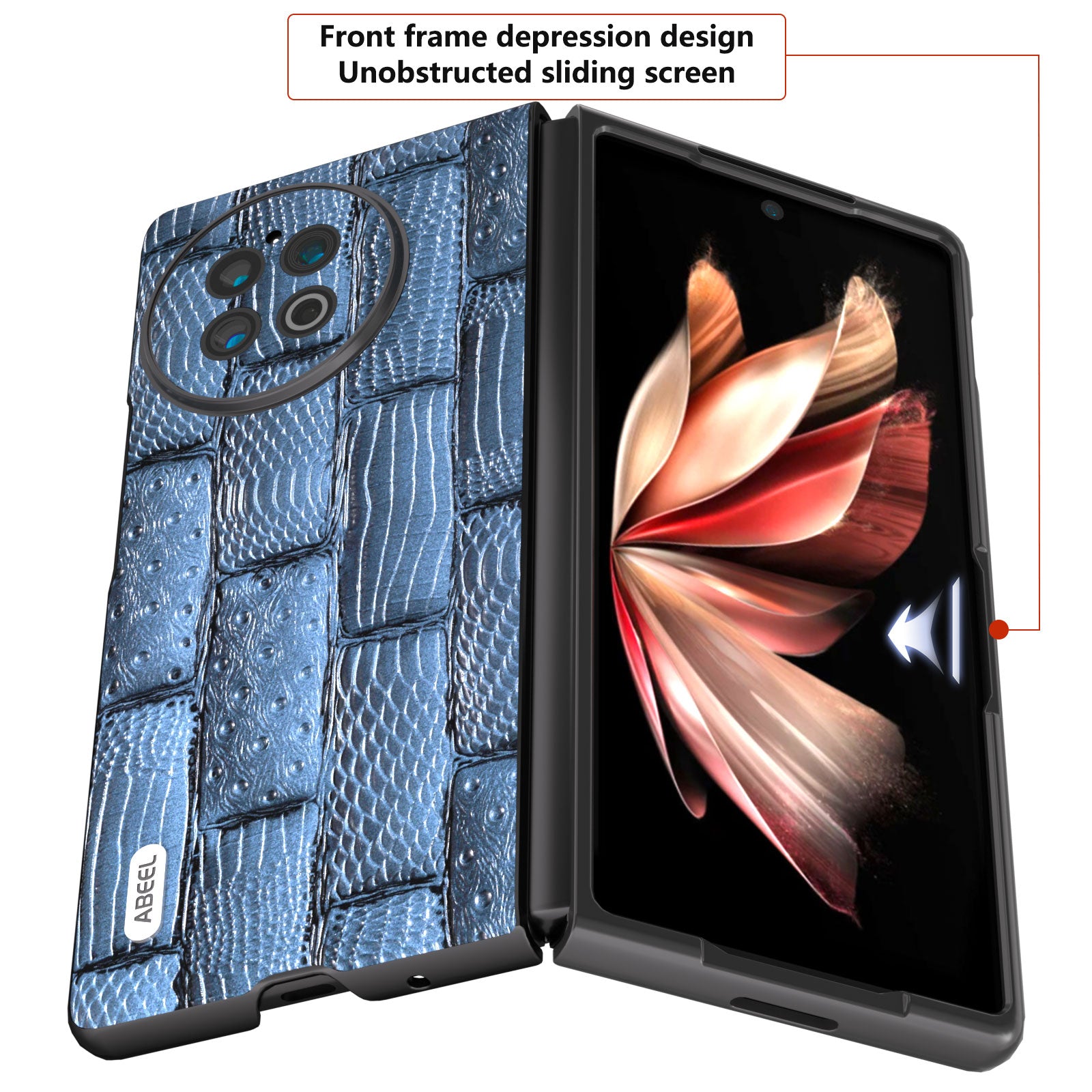 ABEEL For vivo X Fold2 Mahjong Texture Black Edge Case Genuine Cow Leather Coated PC Phone Cover - Blue