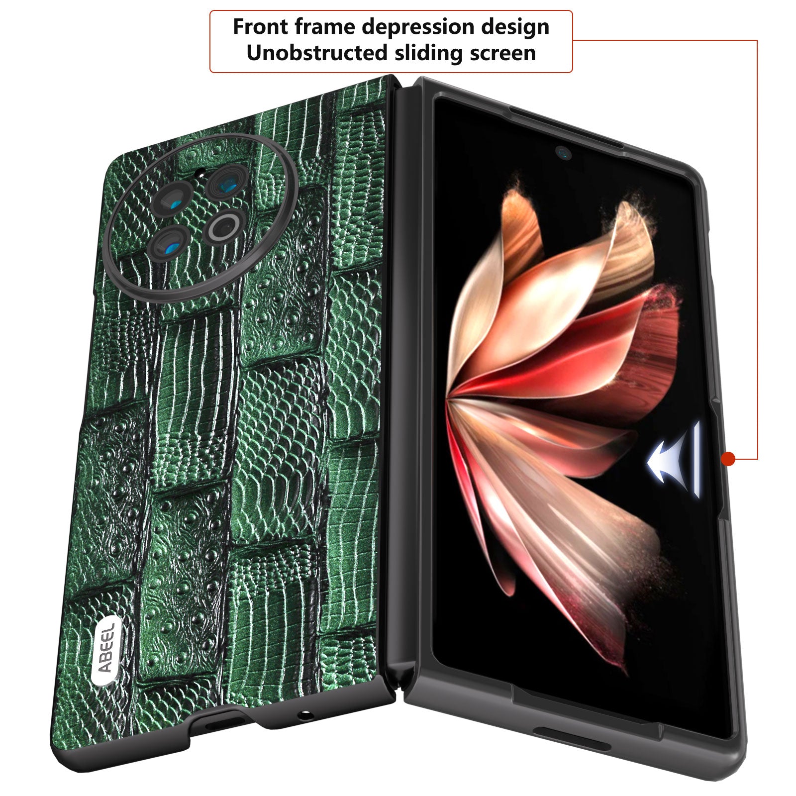 ABEEL For vivo X Fold2 Mahjong Texture Black Edge Case Genuine Cow Leather Coated PC Phone Cover - Green