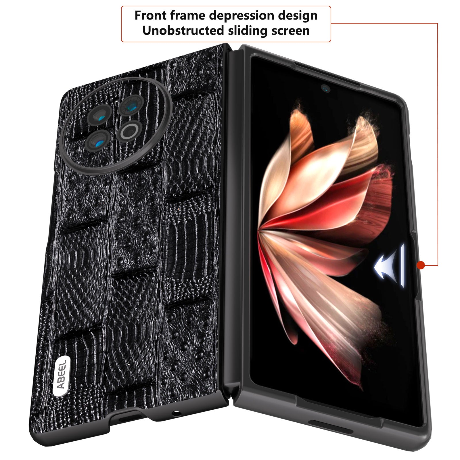 ABEEL For vivo X Fold2 Mahjong Texture Black Edge Case Genuine Cow Leather Coated PC Phone Cover - Black