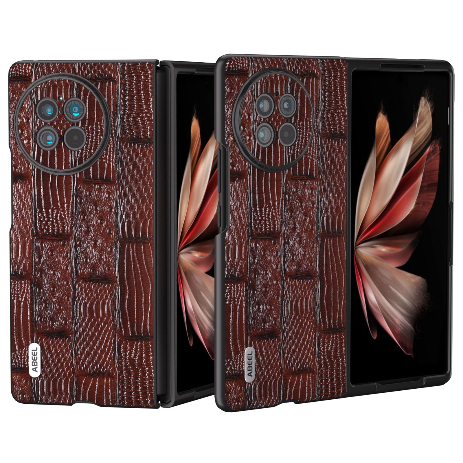 ABEEL For vivo X Fold2 Mahjong Texture Black Edge Case Genuine Cow Leather Coated PC Phone Cover - Brown