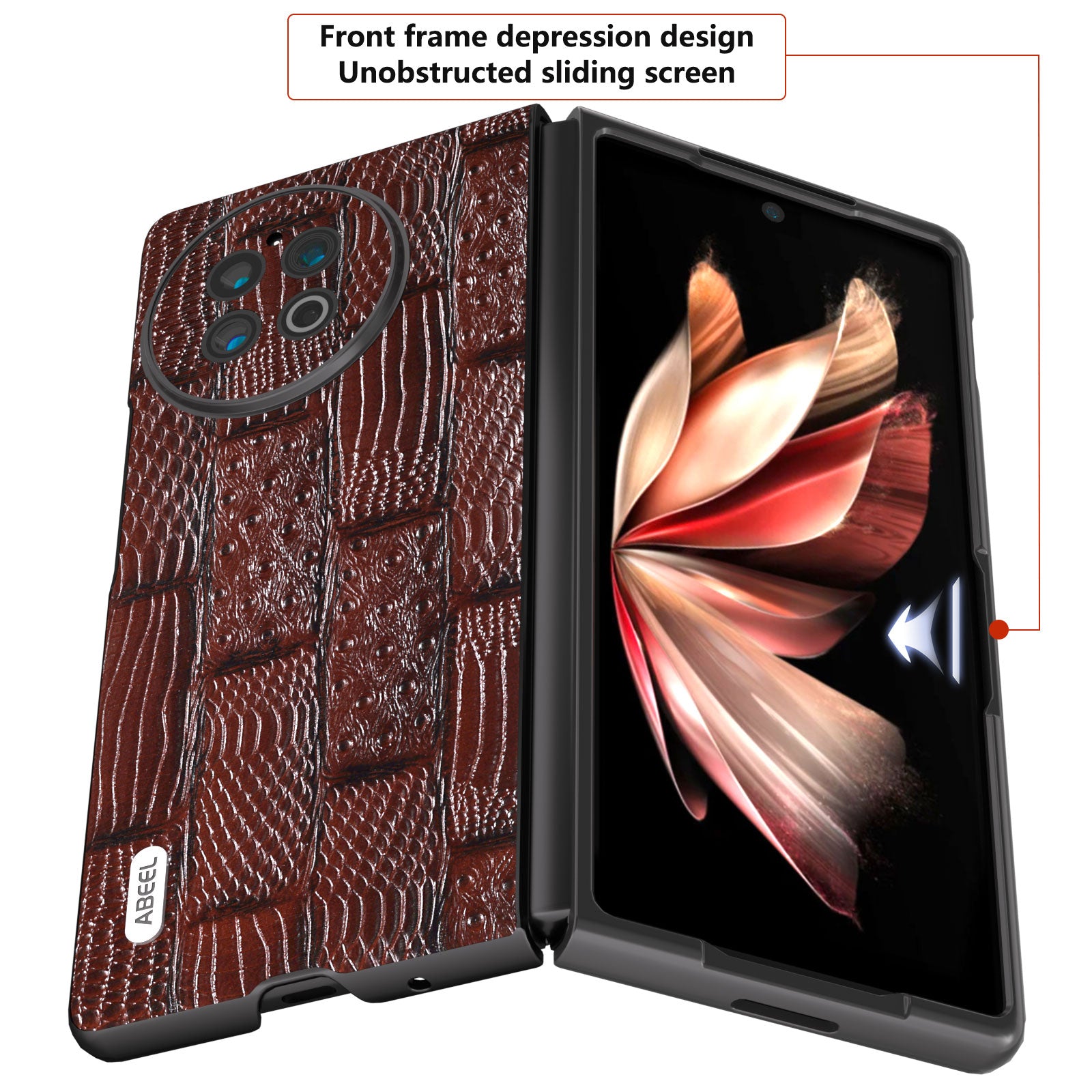 ABEEL For vivo X Fold2 Mahjong Texture Black Edge Case Genuine Cow Leather Coated PC Phone Cover - Brown