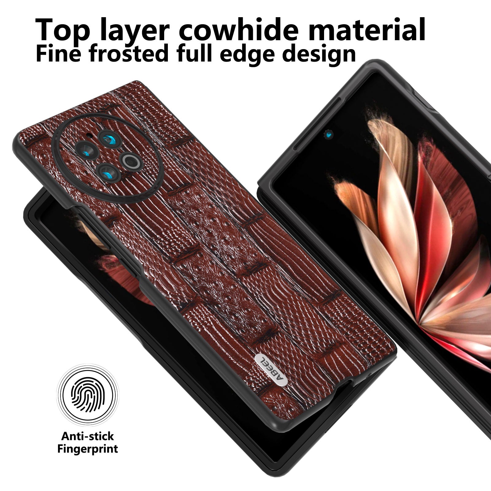 ABEEL For vivo X Fold2 Mahjong Texture Black Edge Case Genuine Cow Leather Coated PC Phone Cover - Brown