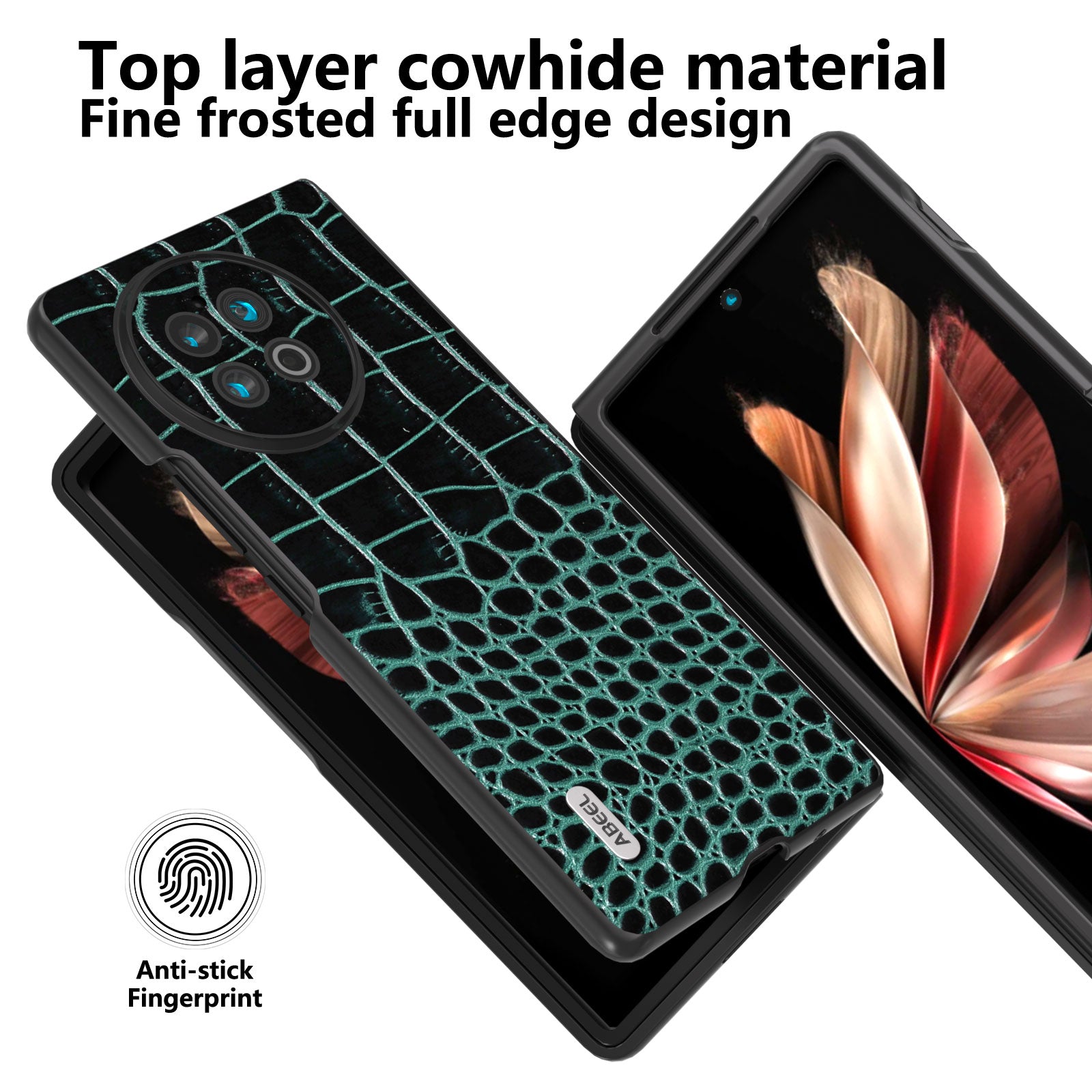 ABEEL For vivo X Fold2 Anti-fingerprint Crocodile Texture Phone Case Genuine Cow Leather Coated PC Black Edge Cover - Blue