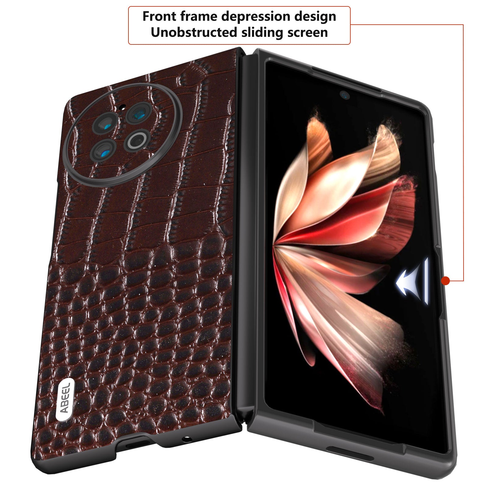 ABEEL For vivo X Fold2 Anti-fingerprint Crocodile Texture Phone Case Genuine Cow Leather Coated PC Black Edge Cover - Coffee