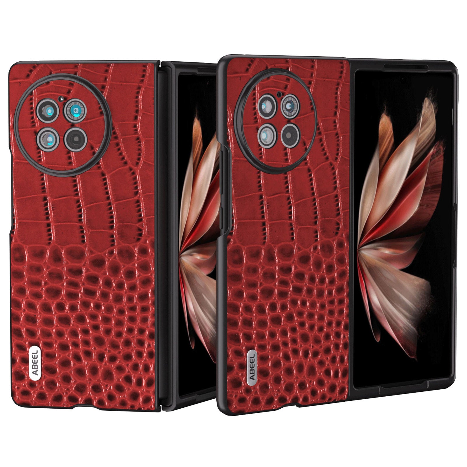 ABEEL For vivo X Fold2 Anti-fingerprint Crocodile Texture Phone Case Genuine Cow Leather Coated PC Black Edge Cover - Red