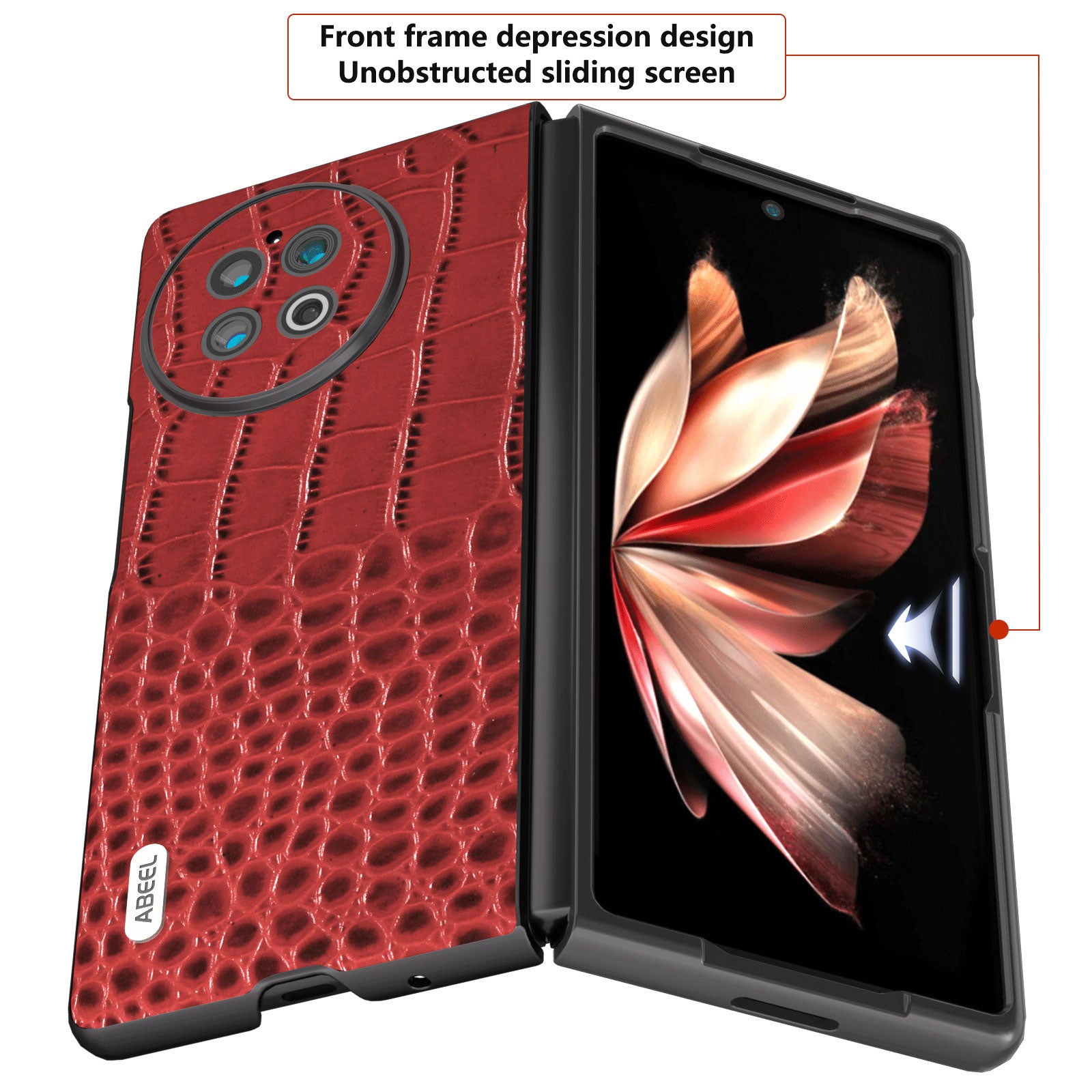 ABEEL For vivo X Fold2 Anti-fingerprint Crocodile Texture Phone Case Genuine Cow Leather Coated PC Black Edge Cover - Red