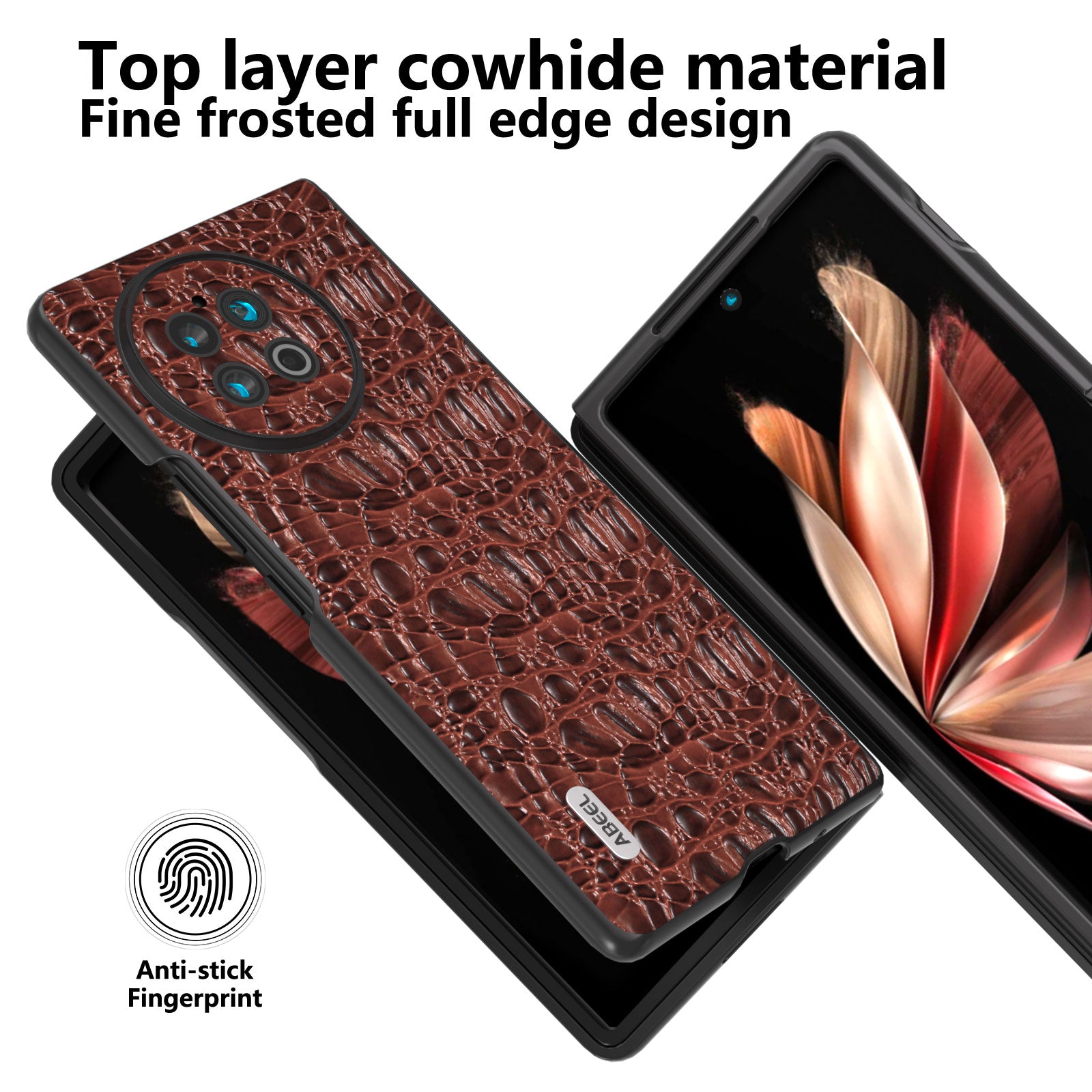 ABEEL For vivo X Fold2 Textured Genuine Cow Leather Coated PC Cover Black Edge Phone Protector Case - Brown