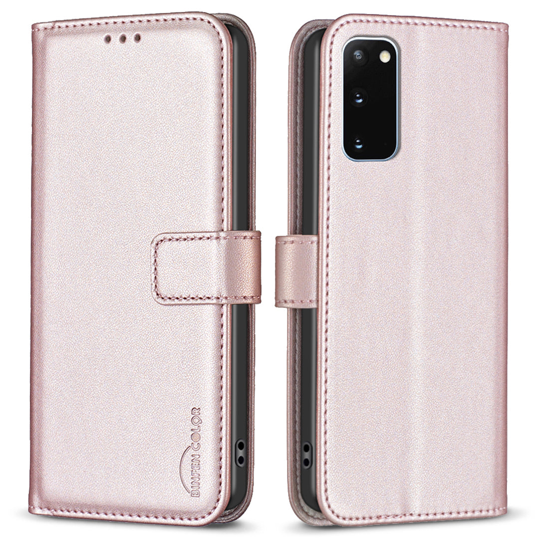 BINFEN COLOR BF17 For Samsung Galaxy S20 4G / 5G Flip Folio Wallet Cover PU Leather Stand Phone Case - Rose Gold