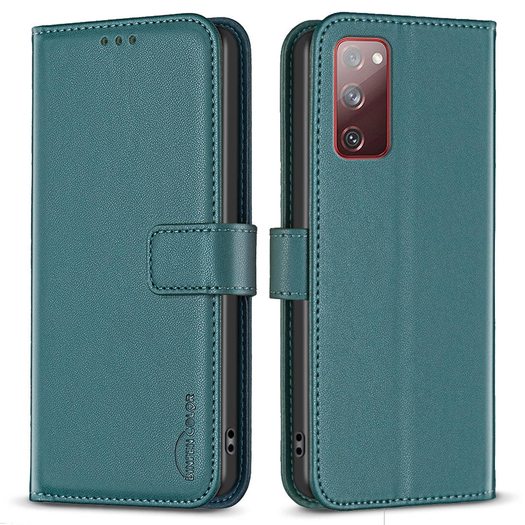 BINFEN COLOR BF17 For Samsung Galaxy S20 FE 5G / S20 FE / S20 FE 2022 / S20 Lite PU Leather Phone Cover Stand Wallet Case - Green