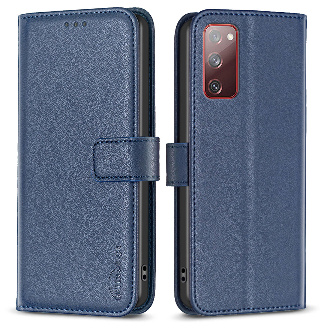 BINFEN COLOR BF17 For Samsung Galaxy S20 FE 5G / S20 FE / S20 FE 2022 / S20 Lite PU Leather Phone Cover Stand Wallet Case - Blue