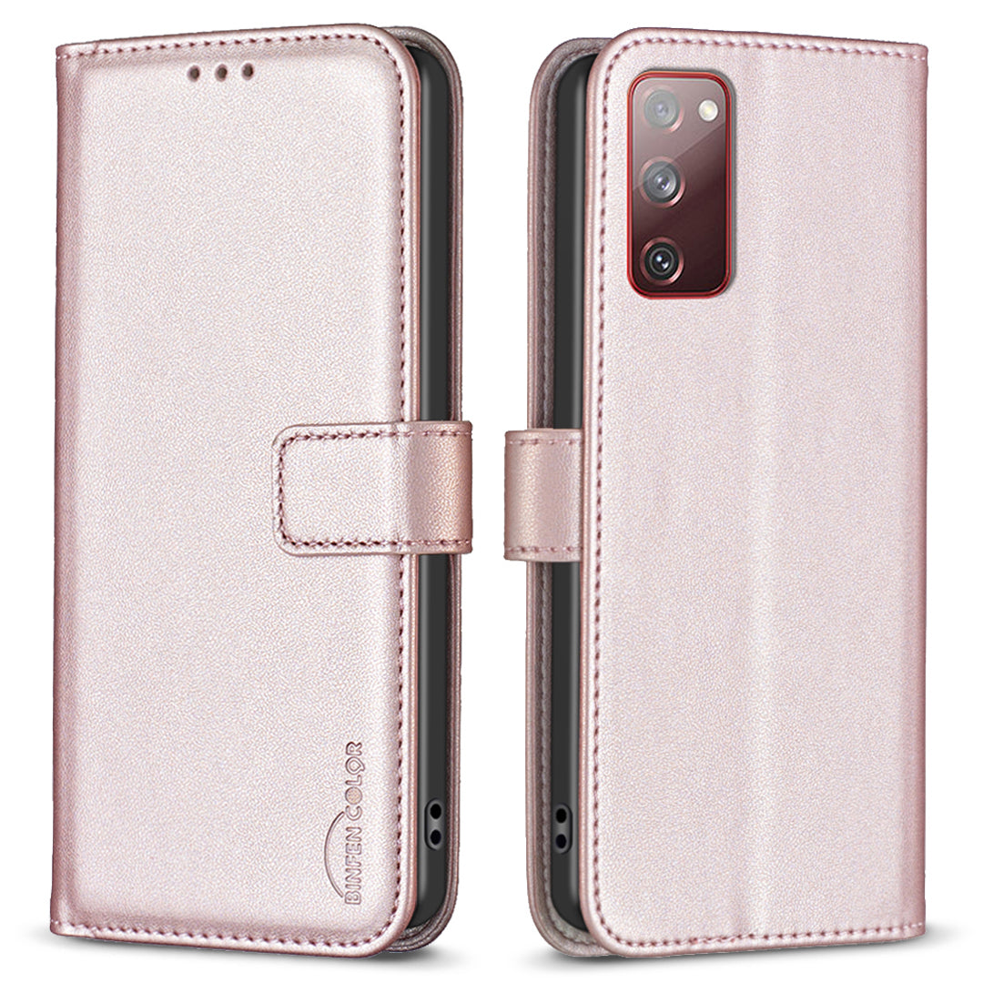 BINFEN COLOR BF17 For Samsung Galaxy S20 FE 5G / S20 FE / S20 FE 2022 / S20 Lite PU Leather Phone Cover Stand Wallet Case - Rose Gold