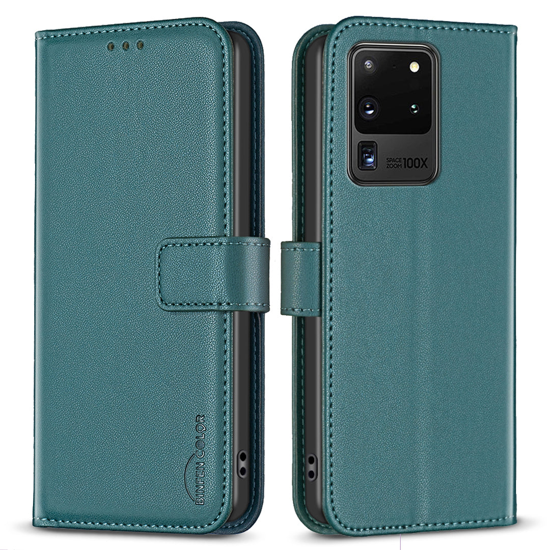 BINFEN COLOR BF17 TPU+PU Leather Phone Cover for Samsung Galaxy S20 Ultra Stand Magnetic Phone Case Wallet - Green