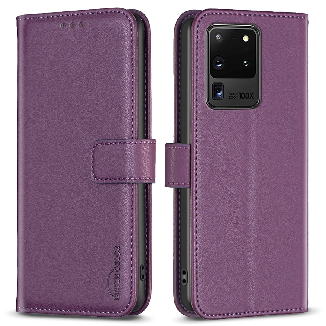 BINFEN COLOR BF17 TPU+PU Leather Phone Cover for Samsung Galaxy S20 Ultra Stand Magnetic Phone Case Wallet - Dark Purple