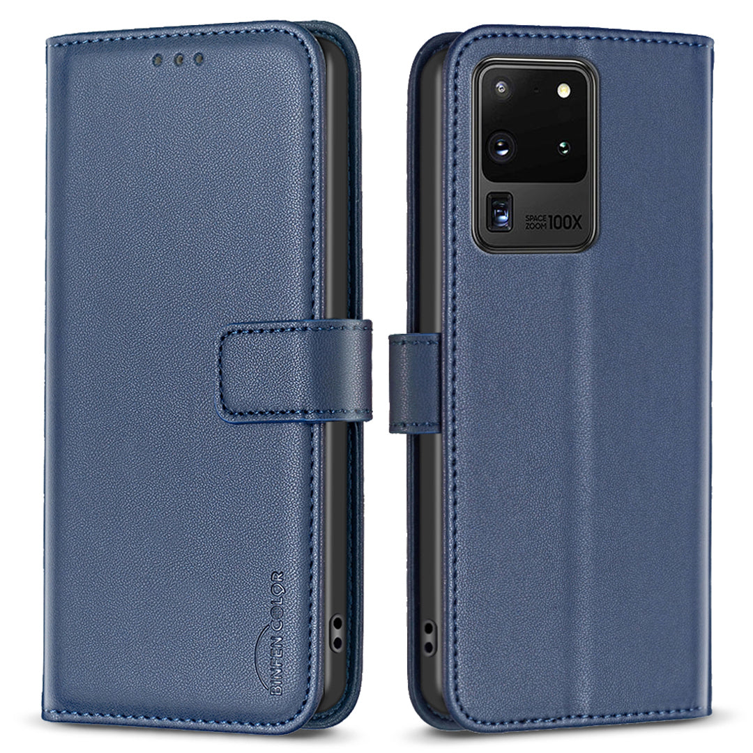 BINFEN COLOR BF17 TPU+PU Leather Phone Cover for Samsung Galaxy S20 Ultra Stand Magnetic Phone Case Wallet - Blue