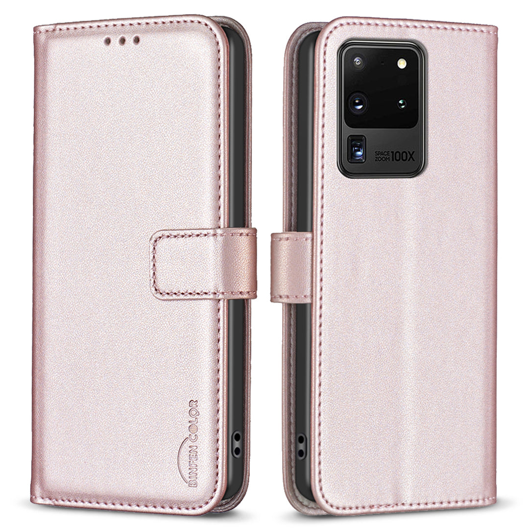 BINFEN COLOR BF17 TPU+PU Leather Phone Cover for Samsung Galaxy S20 Ultra Stand Magnetic Phone Case Wallet - Rose Gold