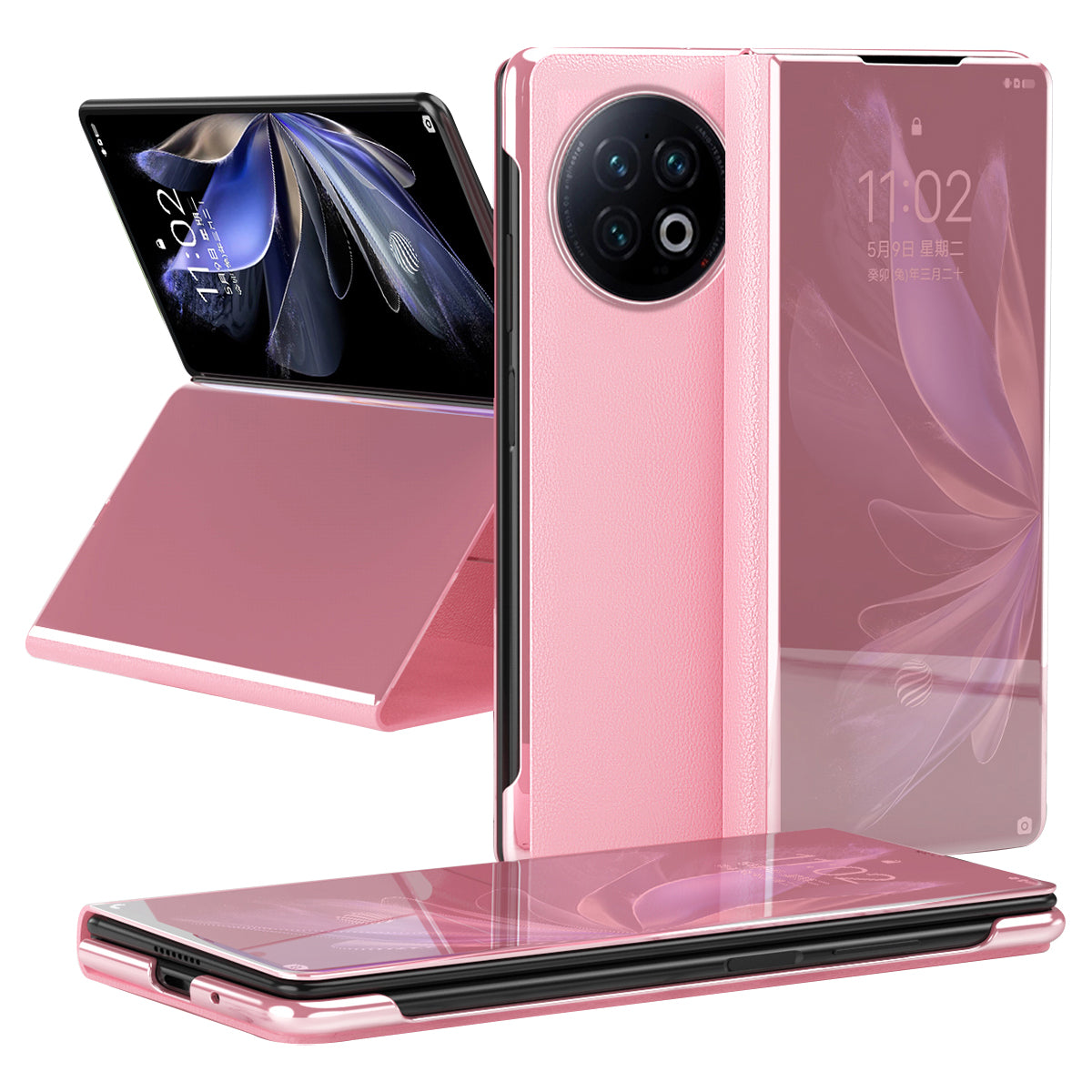 For vivo X Fold2 PU Leather Mirror Surface Phone Case Electroplating Stand Shockproof Cover - Pink