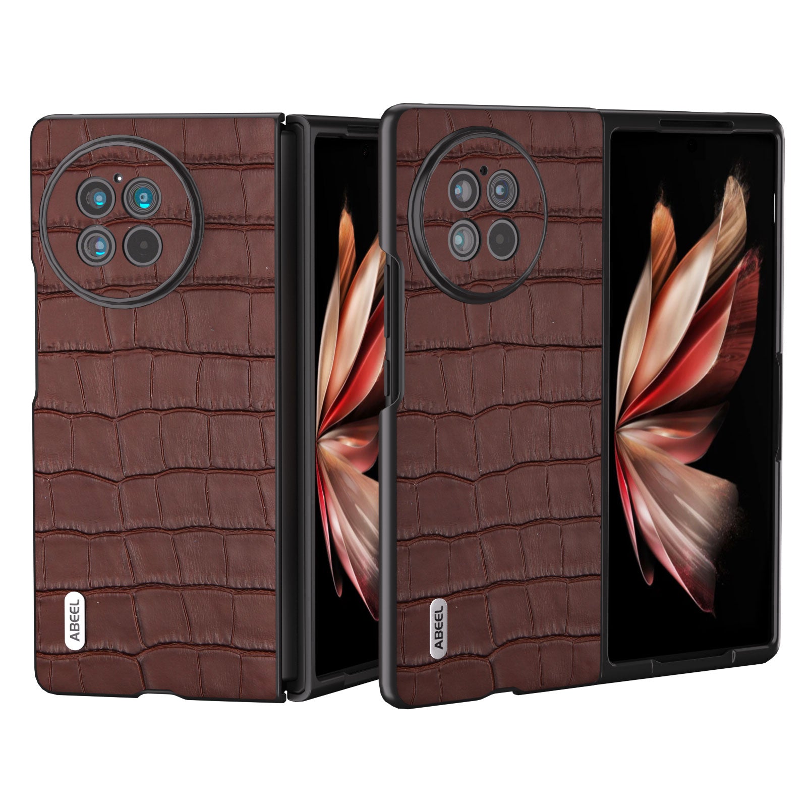 ABEEL For vivo X Fold2 Crocodile Texture Phone Case Genuine Cow Leather Coated PC Phone Cover - Brown