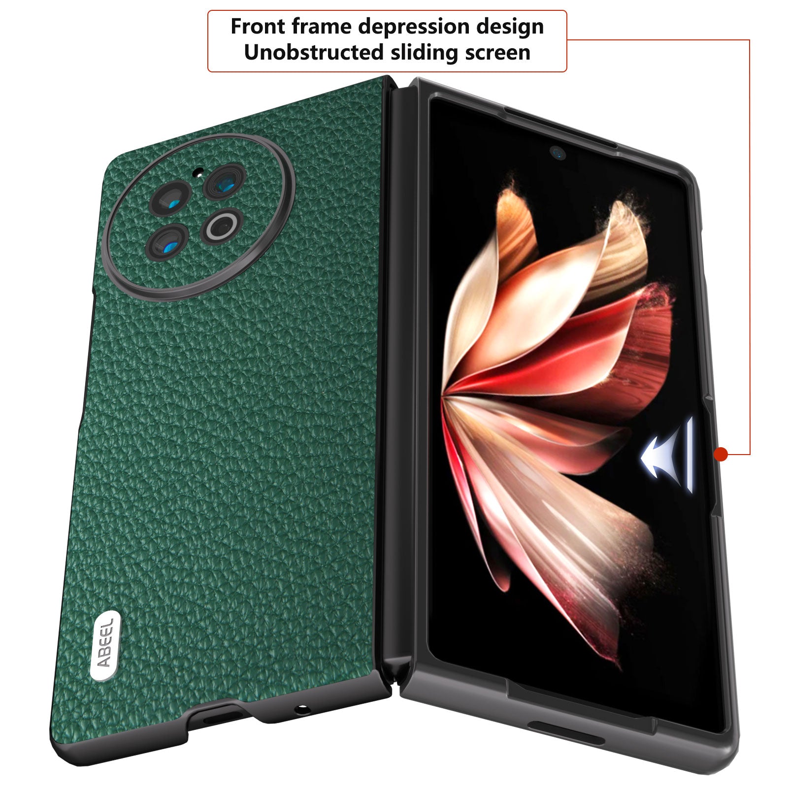 ABEEL For vivo X Fold2 Litchi Texture Phone Case Cowhide Leather + PC Ultra Thin Cover - Green