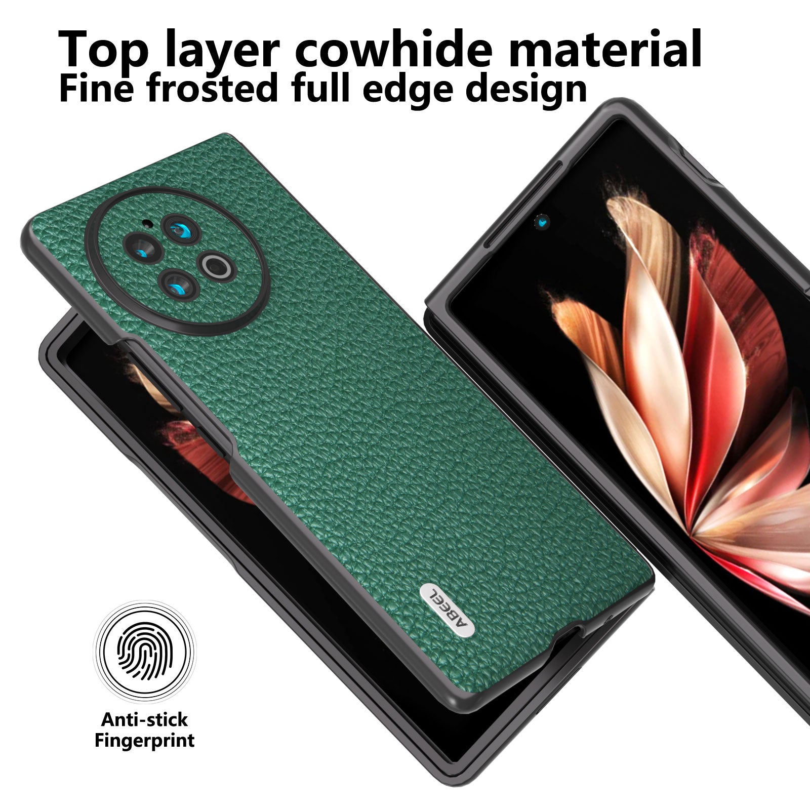 ABEEL For vivo X Fold2 Litchi Texture Phone Case Cowhide Leather + PC Ultra Thin Cover - Green